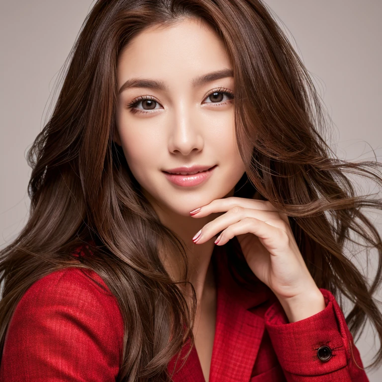 The best quality at its best, Realistically, Super detailed, More about pubic hair, High resolution, Plain background,8k wallpaper, One beautiful woman,Long curly hair detail, Wear a red suit, Lock focus, Perfect dynamic composition, Beautiful Eyes, Delicate Hair, 细致Realistically的皮肤纹理, smile, Close-up portrait, Model Body Type