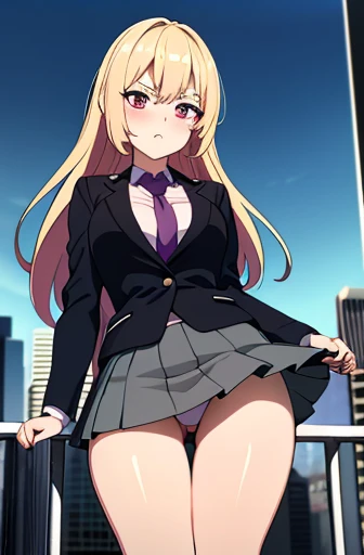 (unity 8k wallpape),(best quality),(high resolution),(ultra-detailed),(perfect anatomy),(beautiful detailed eyes),Japanese girl,beautiful girl,In the city,Blushing,Glaring at me,Inner thighs,Bend,patience,close your mouth and clench your mouth,ecstasy,Feeling facial expression,,Blazer Type,mini skirt,Man's hand presses the button on the remote control,