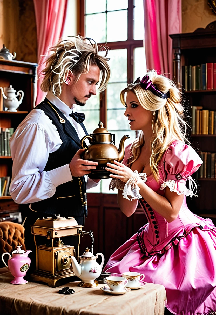 Steampunk Tea Party Gone Wrong: Subject: A blonde 36dd bra woman (22) with messy hair, dressed in a pink steampunk inventor's outfit, wrestles a teapot-shaped machine from the grasp of a stranger in a flamboyant pink clockwork costume in a sunlit, dusty library filled with antique contraptions. Technical: High-resolution camera (e.g., Canon EOS R5), zoom lens (e.g., 70-200mm), shallow depth of field (f/2.8) to blur the background clutter, focus on the struggle and the whimsical pink costumes, warm sunlight filtering through tall windows.