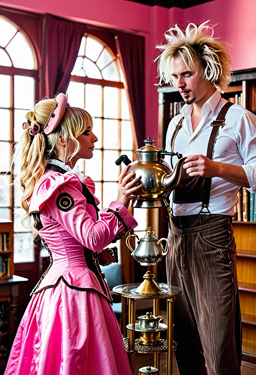 Steampunk Tea Party Gone Wrong: Subject: A blonde 36dd bra woman (22) with messy hair, dressed in a pink steampunk inventor's outfit, wrestles a teapot-shaped machine from the grasp of a stranger in a flamboyant pink clockwork costume in a sunlit, dusty library filled with antique contraptions. Technical: High-resolution camera (e.g., Canon EOS R5), zoom lens (e.g., 70-200mm), shallow depth of field (f/2.8) to blur the background clutter, focus on the struggle and the whimsical pink costumes, warm sunlight filtering through tall windows.