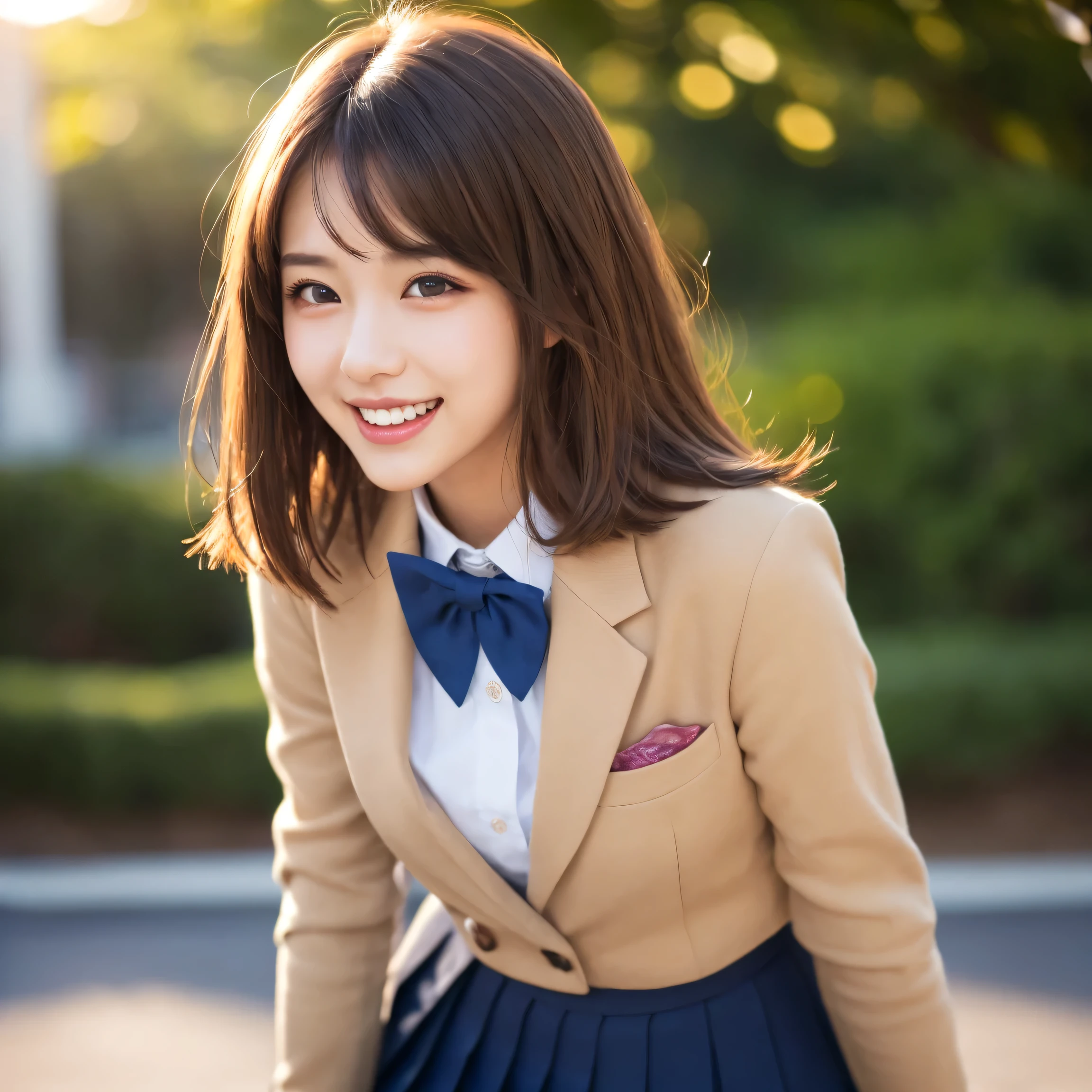 ((masterpiece)), ((best quality)), (ultra-detailed), ((kawaii)), cute, ((lovely)), ((extremely detailed)), ((extremely detailed)), ((extremely detailed)), 4K, (8K), (beautiful), illustration, (body shot), (looking away:1.2), park, a cute woman, 1woman, soro, japanese, (school student:1.3), collared shirt, (blazer), (pleated skirt), bow, (beautiful light brown hair:1.3), ((beautiful hair)), short hair, (straight hair), beautiful brown eyes, ((beautiful eyes)), white teeth, laugh, (blush:1.2), shine with colored light, 