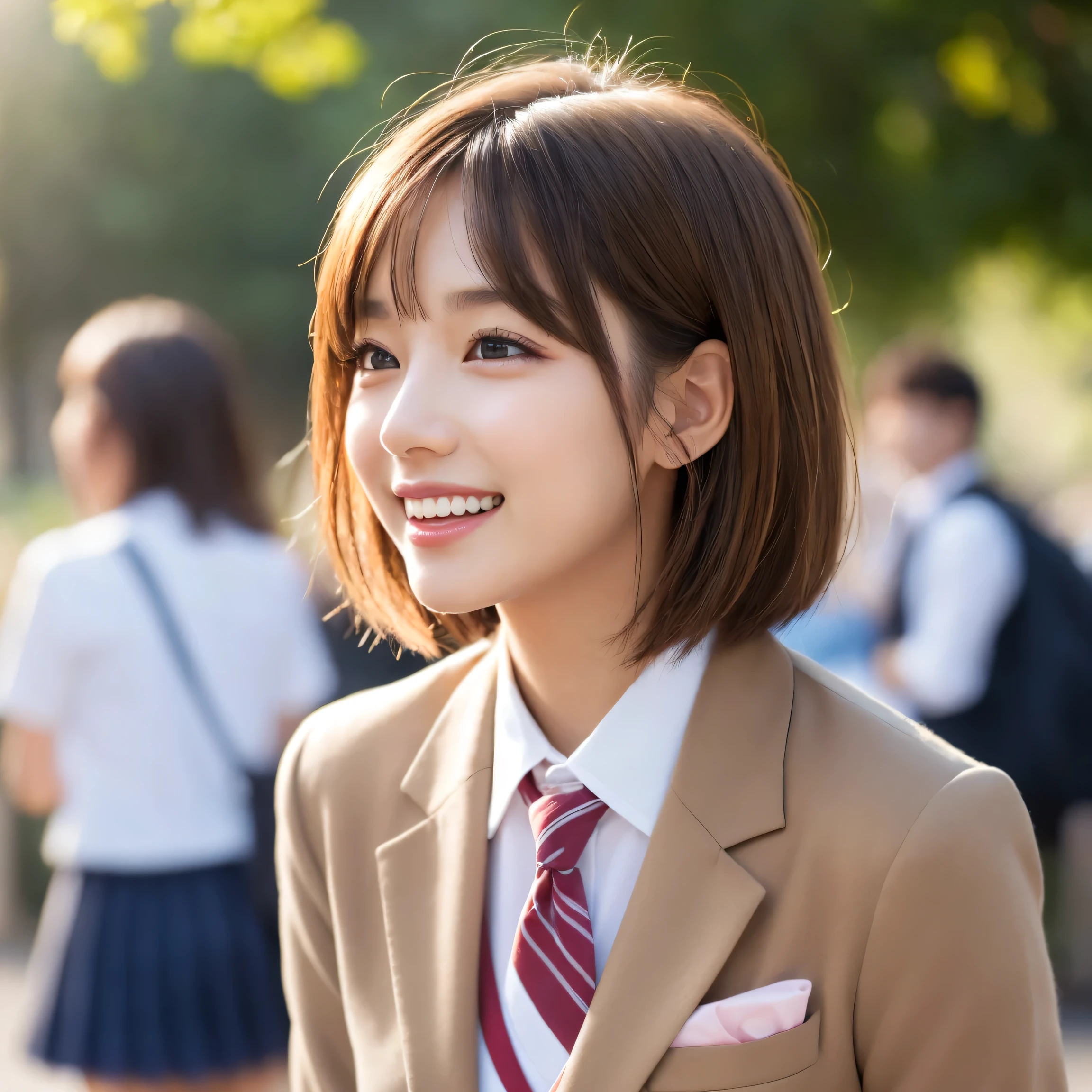 ((masterpiece)), ((best quality)), (ultra-detailed), ((kawaii)), cute, ((lovely)), ((extremely detailed)), ((extremely detailed)), ((extremely detailed)), 4K, (8K), (beautiful), illustration, (body shot), (looking away:1.2), park, a cute woman, 1woman, soro, japanese, ( student:1.3), collared shirt, (blazer), (pleated skirt), bow, (beautiful light brown hair:1.3), ((beautiful hair)), short hair, (straight hair), beautiful brown eyes, ((beautiful eyes)), white teeth, laugh, (blush:1.2), shine with colored light, 