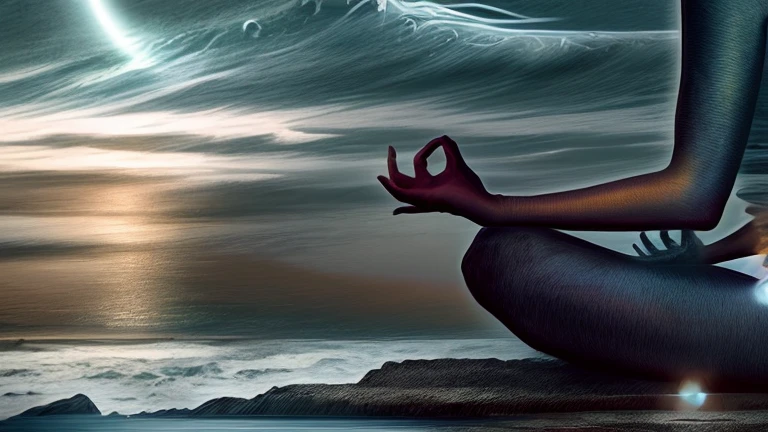 Monge meditando na beira do mar revolto. Tsunami. Fantastic world. Sombras e silhuetas. Feeling of contemplation and strength. high definition image, high detailing and dreamlike drawing style. Symbols of nature, OM, zen, mystic, cores vibrantes Imagem com pelo menos 300 dpi, HD, Digital art
