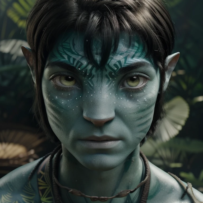 avatar style, (face portrait:1.6), naavi, 1boy, (male), (silver eyes), (big eyes), ((eyebrowless)), pointy ears, (forest green skin tone:1.0), (straight hair:1.0), black hair color, ((short bowlcut hair)), (young adult), 18 years old, face wrinkles, wearing colorful tribal clothing, (wearing tribal acessories), detailed eyes, toned body, muscled body, vibrant colors, glowing, ethereal atmosphere, surrealistic dreamy lighting, textured skin, otherworldly beauty, mesmerizing photography, (best quality, highres), vivid colors, ultrarealistic, skin details, striped skin, sfw, face close-up:0.5, ultradetailed body, ((green skin)), MDLuffy