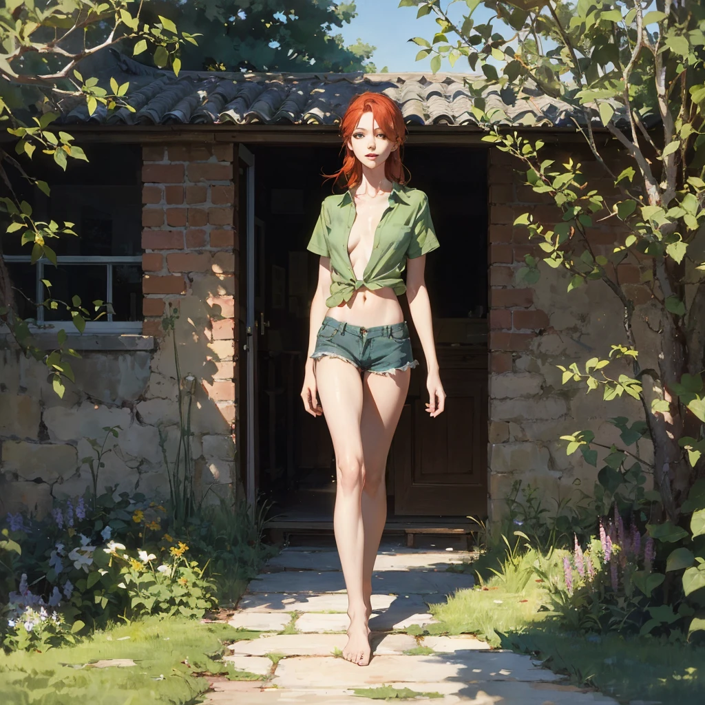 Beautiful slender thin exquisite () girl 16 years old with a perfect face of the southern type with red hair with delicate beautiful expressive  with tender  barefoot with   ((with red pubic hairs)) ((in an unbuttoned open (green shirt) on a  and in short green shorts)) walks along a brick road in the middle of a flowering field, in a gentle watercolor style, Discreet shades, sfumato, haze, diffused dim light, delicate mint shades, imitation of film photography, (olive and grape groves, Brick Road, Brick house, coffee), (High image quality, Maximum detail)