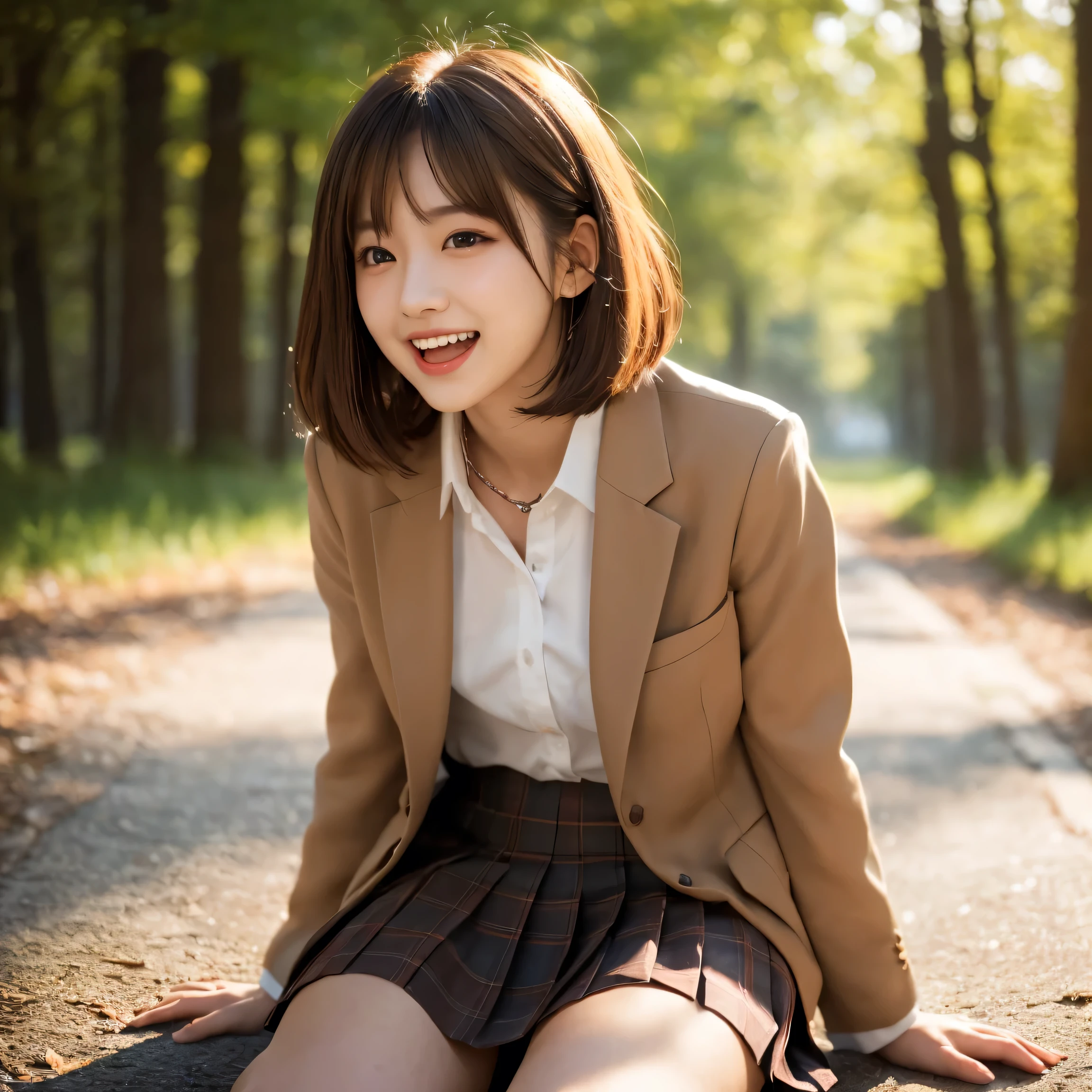 ((masterpiece)), ((best quality)), (ultra-detailed), ((kawaii)), cute, ((lovely)), ((extremely detailed)), ((extremely detailed)), ((extremely detailed)), 4K, (8K), (beautiful), illustration, (body shot), (looking away), (park:1.2), a cute woman, 1woman, soro, japanese, (school student:1.3), collared shirt, (blazer), (pleated skirt), bow, (beautiful light brown hair:1.3), ((beautiful hair)), short hair, (straight hair), beautiful brown eyes, ((beautiful eyes)), white teeth, laugh, (blush:1.2), shine with colored light, forest lay light, 