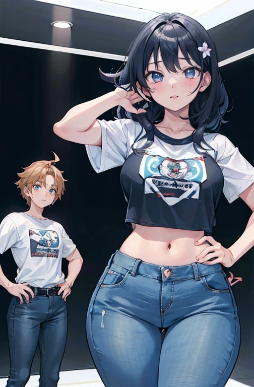 (Hinata Hyuuga, muito sensual, com roupas apertadas, bunda grande, pernas grossas, Vestindo jeans extremamente apertado, usando uma mini blusa, umbigo com pirsing, cabelo grande, Speaker behind, muito realista, extremamente sexy, 8k, 8k extremamente detalhado), (um extremamente delicado e bonito), (obra-prima), (melhor qualidade: 1.0), (Ultra-alta:1.0)