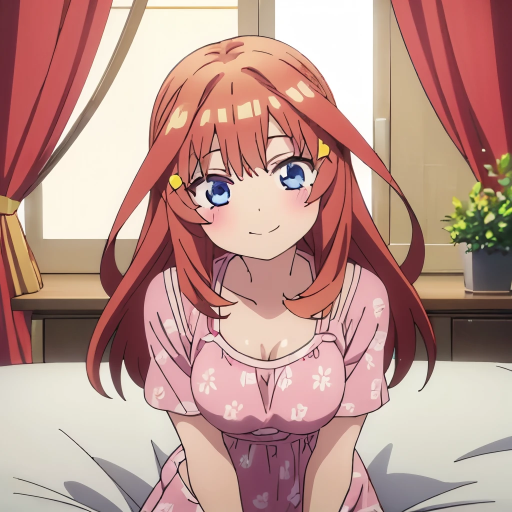 ((masterpiece)), ((best quality)), (ultra-detailed), anime style, on the bed, a cute girl, 1girl, solo, smile, underwear00