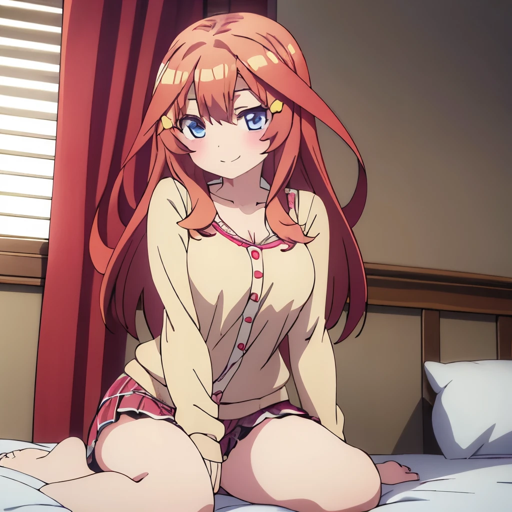 ((masterpiece)), ((best quality)), (ultra-detailed), anime style, on the bed, a cute girl, 1girl, solo, smile, underwear00