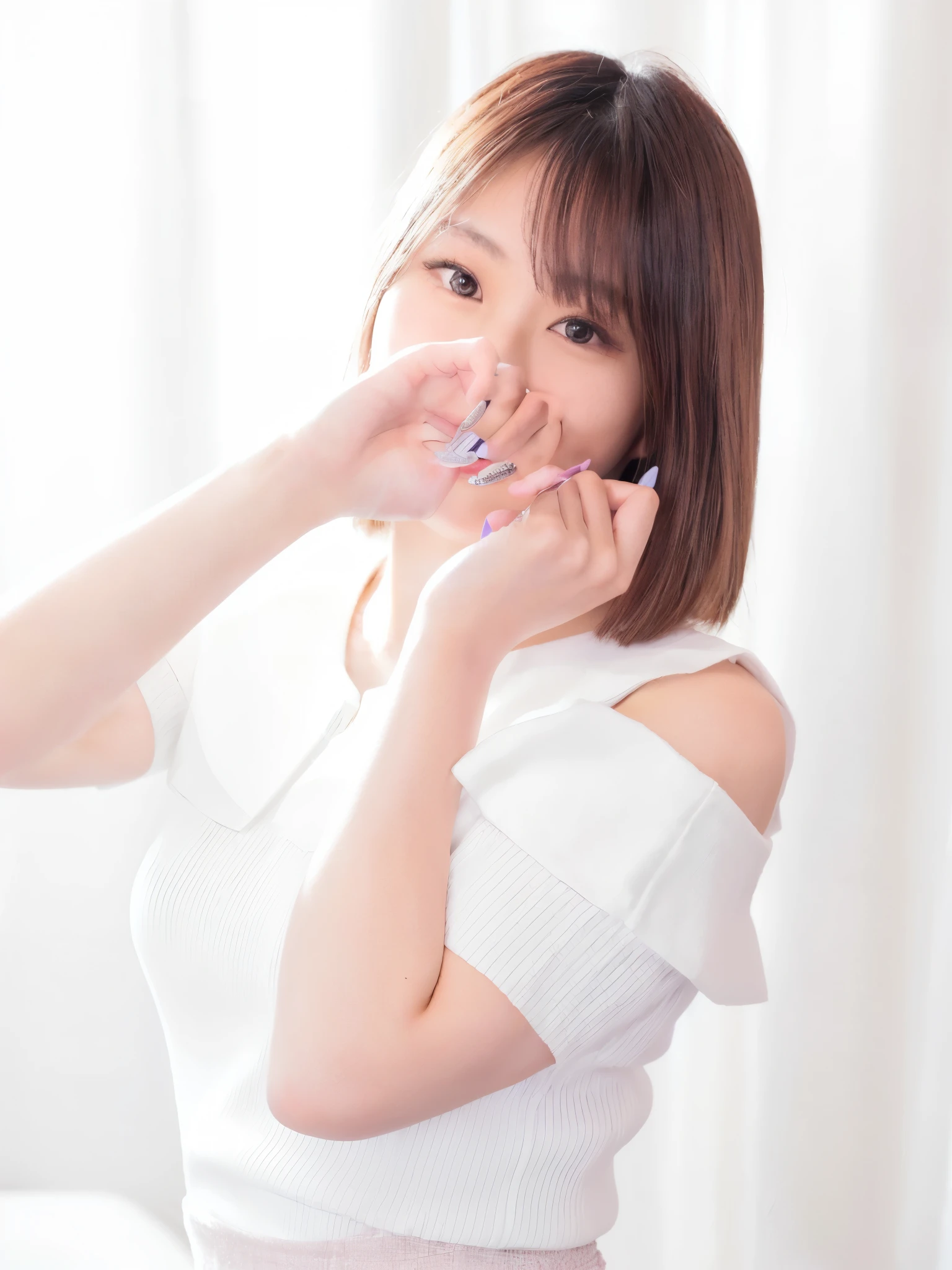there is a woman that is brushing her teeth with a toothbrush, chiho, photo taken with sony a7r, beautiful young korean woman, Yoshitomo Nara, with cute - fine - face, soft smile, young cute wan asian face, hand over mouth, of a youthful japanese girl, young asian woman, with short hair