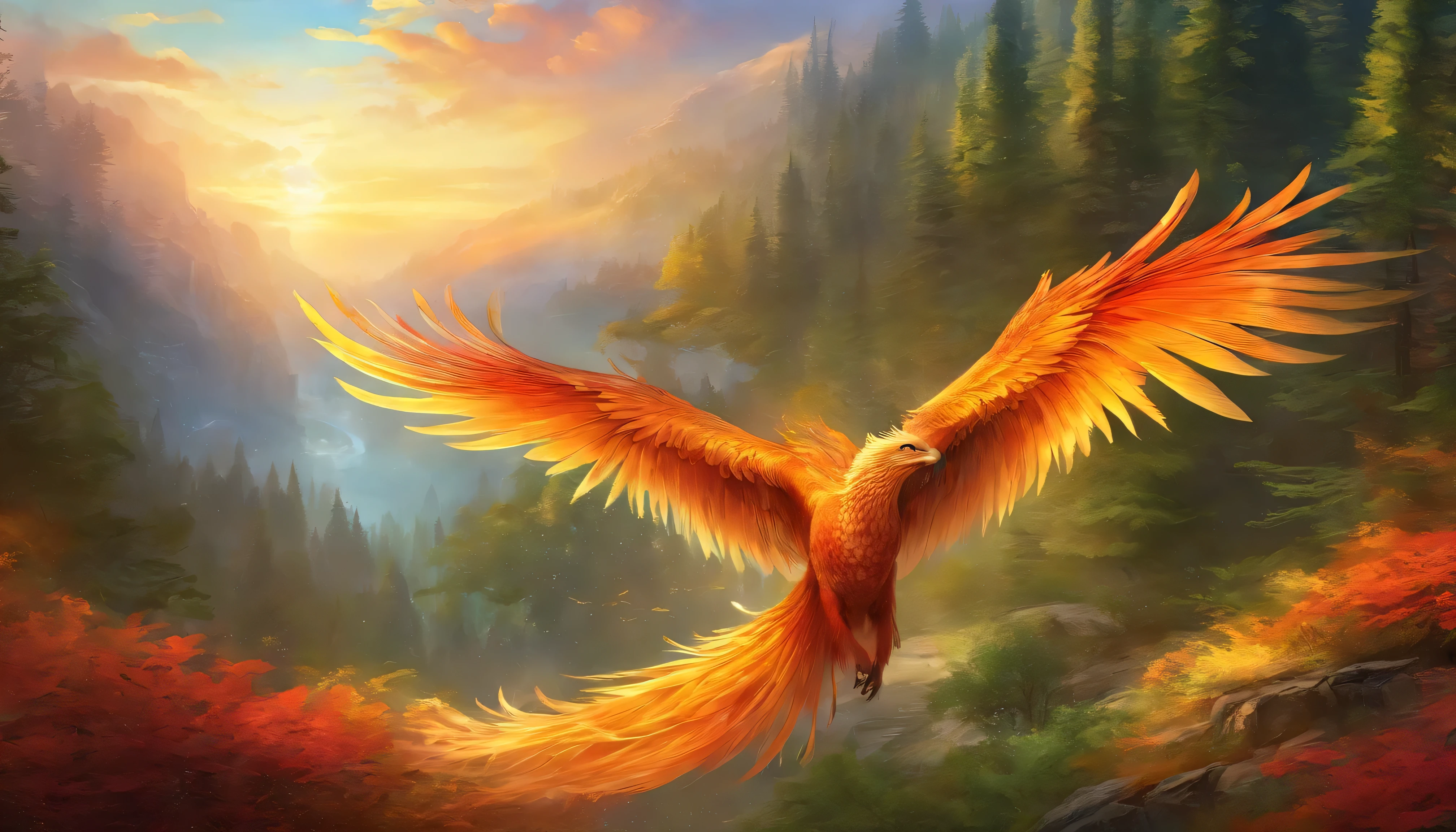 (best quality,4k,highres,masterpiece:1.2),ultra-detailed,realistic:1.37,a majestic phoenix rises from the flames high in the daytime sky,pine forest,golden feathers, giant eagle,scenic background,serene atmosphere,colorful plumage,feathers with intricate details,feathers shining in the sunlight,elegant wings outstretched,graceful flight,ancient mythical creature,radiant glow,fiery tail feathers,ethereal beauty,towering presence,magnificent display of power,awe-inspiring,pristine surroundings,peaceful ambiance,lush greenery,sunlight filtering through the trees,tall majestic pine trees,tranquil atmosphere,dappled lighting,splendid spectacle,breathtaking landscape.
