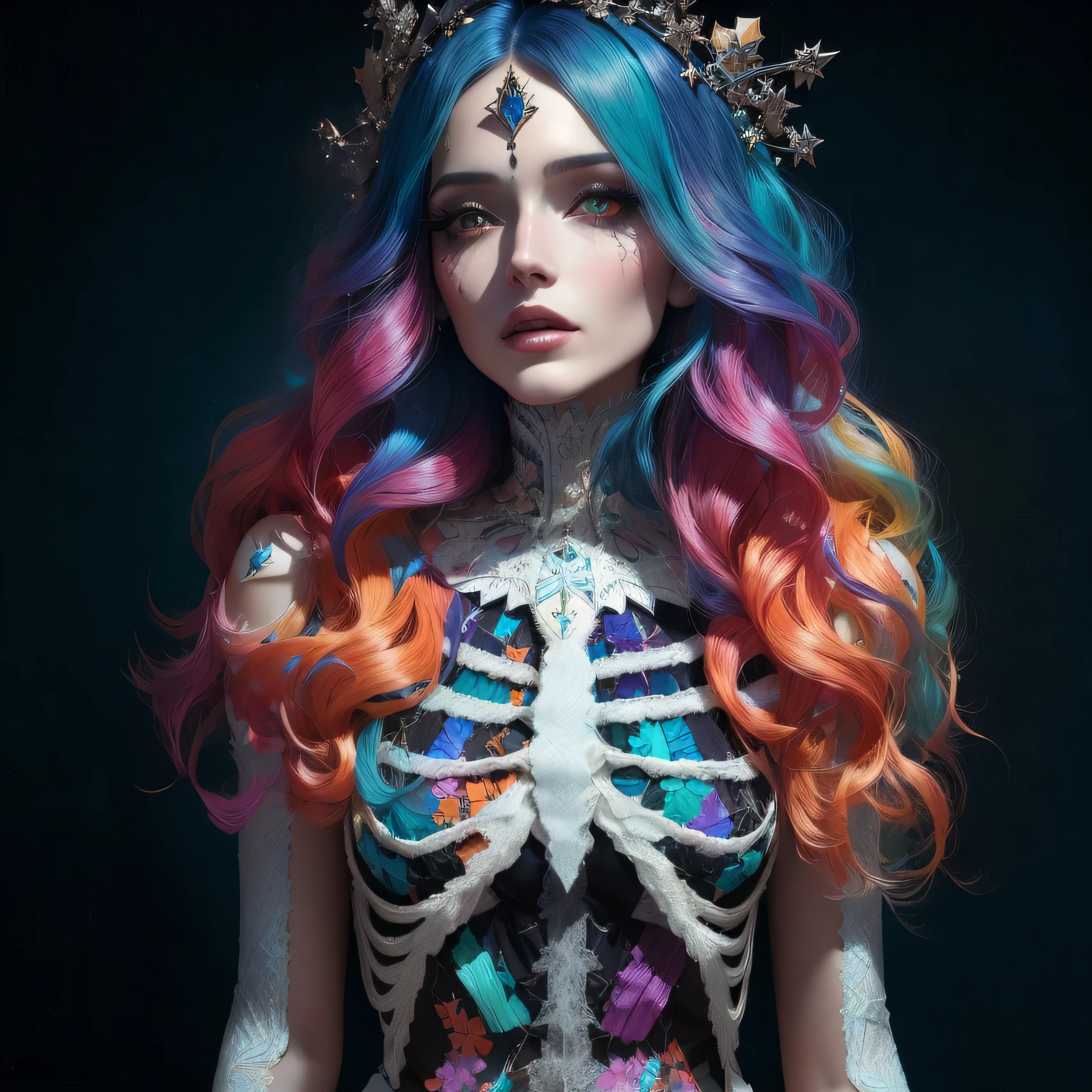 a woman with colorful hair and a skeletal body with a crown on her head, inspirado em Hedi Xandt, Natalie ShauTom Bagshaw, linda arte digital, linda arte digital, arte colorida de fantasia digital, intricate heterochromatic sad, arte assustadoramente bela, cabelos coloridos longos e brilhantes, just a joke, estilo de fantasia vibrante