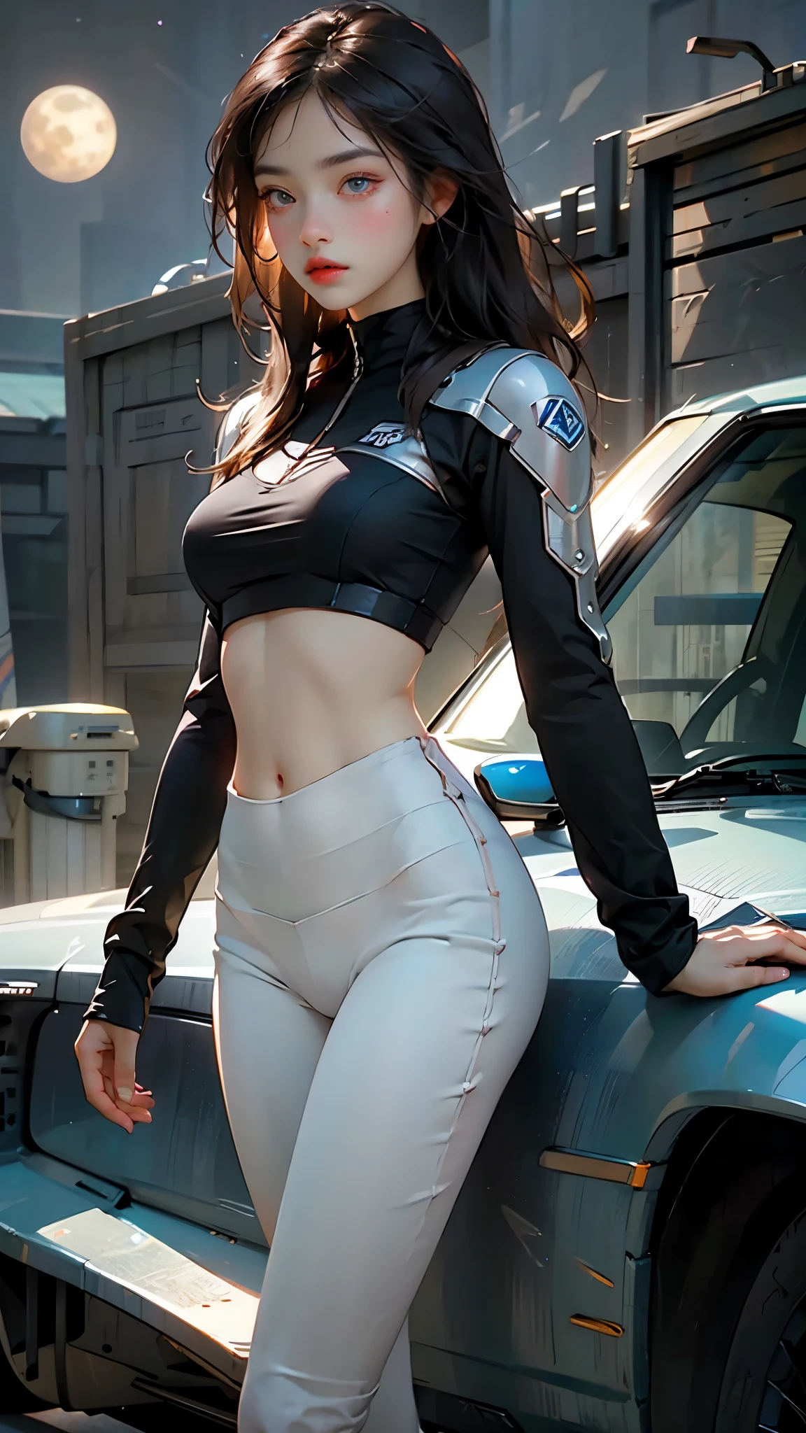 Maximum detail:1.54, (A seductive stunningly beautiful, late-teen, Asian girl named (Nia)) is a stealthy assassin on a futuristic cybernetic planet where she has business, and her business is death. She is extraordinarily gorgeous:1.53, Nia has long, flowing, lustrous, black hair, the color of polished obsidian. (finely detailed hair), (her dazzling, expressive eyes):1.44 are the brightest blue you could imagine, (eyes glowing a supernatural blue:1.31), her facial features were given a perfect score of 100% on a golden ratio assessment, making her the most beautiful woman in the galaxy, if not the entire universe.  (Nia has the physique of a top bikini model:1.33, natural beauty), she is very fit, but not ripped. She has firm buttocks, medium perky breasts, a toned midriff, and sleek, silky, smooth, legs, even her feet were amazing. She was dressed in her finest gear, a black one-piece jumpsuit made of shiny, black graphene fibers., She is on a low rooftop, hovering above a security guard with a oblivious expression on his face. She's holding a razor-sharp dagger in each hand, their polished steel gleaming in the moonlight, she was poised and ready to strike. low angle, cinematic, exceptional composition, and detail, dramatic lighting, maximum detail, Ultra-high-quality, Ultra-fine-details, cinematic movie still, masterpiece, the best quality possible, highest possible resolution, 8k, ray tracing, HDR, UHD, volumetric lighting, Absurd resolution, textured details, exquisite shading and lighting, golden hour, rule of thirds, God rays, God particles, Unreal Engine 5, Unity Engine, Blender, corona render, octane render, exquisite lighting and shading, textured skin, shiny skin, natural beauty:1.3, repeat positive prompts, repeat negative prompts, photorealistic:1.43, realistic, full body shot:1.5, full shot:1.49