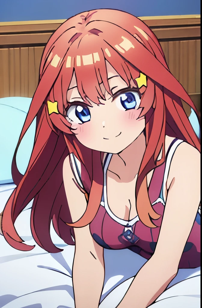 ((masterpiece)), ((best quality)), (ultra-detailed), anime style, on the bed, a cute girl, 1girl, solo, smile, underwear00