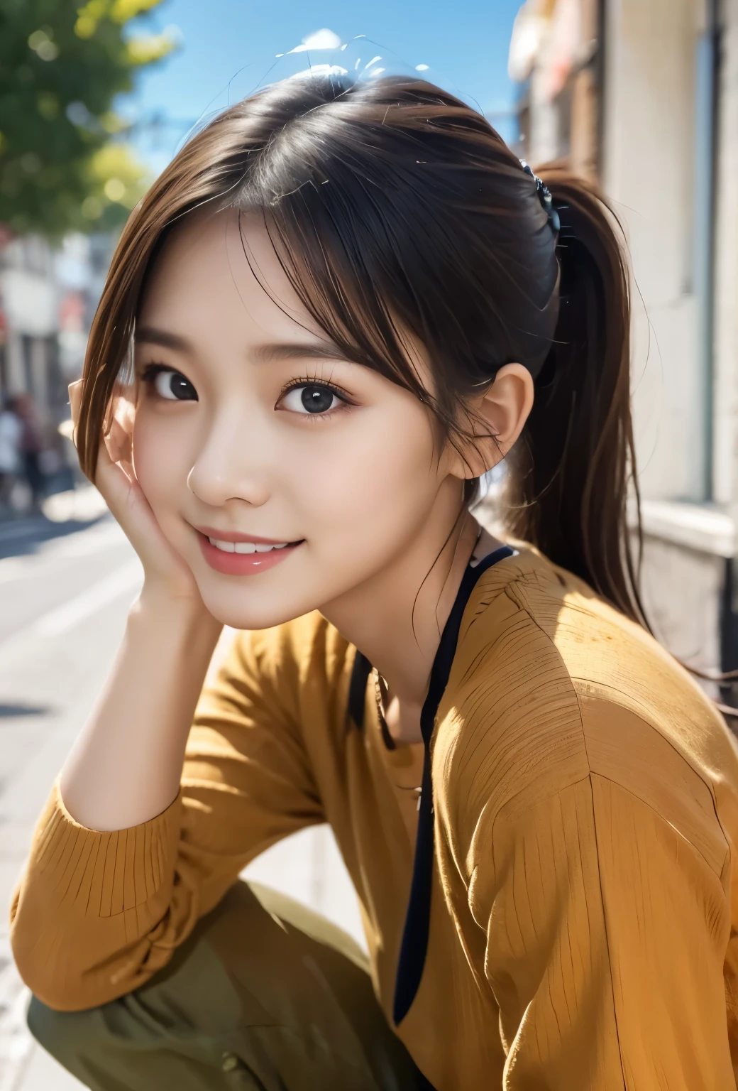 masterpiece, best quality:1.1), (8k, raw photo, photo realistic:1.2, f22), (shiny skin), detailed skin,ponytail,detailed face, detailed eyes,smile,BREAK, real world, intricate details, smil, BREAK, 1girl, full body,(orange,pants)BREAK, (Town:1.4)
