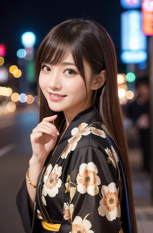 masterpiece、1 beautiful girl、Detailed eyes、Puffy eyes、highest quality, 超A high resolution, (reality: 1.4), Cinema Lighting、Japanese、Asian Beauty、so beautiful、Beautiful Skin、thin、Body facing forward、(超reality的な)、(High resolution)、(8k)、(Very detailed)、(beautiful Detailed eyess)、(Very detailed)、 (wall-)、Detailed face、Bright lighting、Professional Lighting、Looking at the audience、Look straight ahead、Black business suit、Long Hair, Asymmetrical bangs, 、Night view、Brown Hair、Japanese Idols、Korean Idols、Fiery idol pose、Cute Yukata、23 years old、expensive, smile, Nagasaki City、Park scenery、