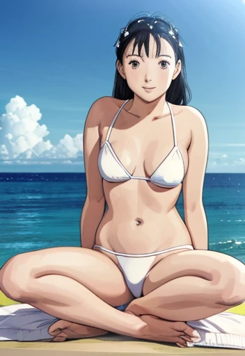 Tabletop, highest quality, (Realistic:1.4),,1 Japanese female,Mature Woman, 20-year-old、魅惑的なsmile、Naughty look、Heavy breathing,Full Body Shot, smile,(Beautiful sea_Snow-white sandy beach:1.2)、Beautiful blue sky,White tiny bikini,Sit down and open your legs wide,(Leg spread:1.5),Streaks,