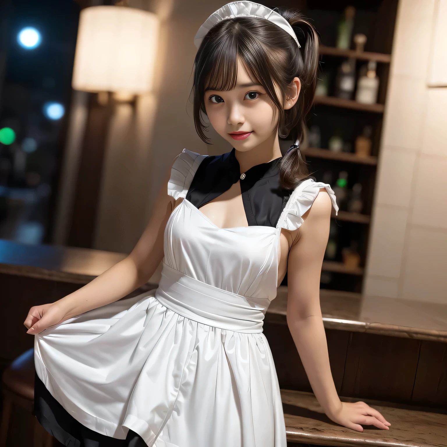 Cute face like an 18-year-old idol　Smiling Kindly　Japanese Gothic Lolita　Cosplay　Frills　Maid clothes　Cleavage　(mini skirt)　(Are standing)　morning　good morning　greeting　Hotel Living Room　(Whole body)　RAW Photos　High resolution　Genuine　live-action　Accurate depiction　Realistic