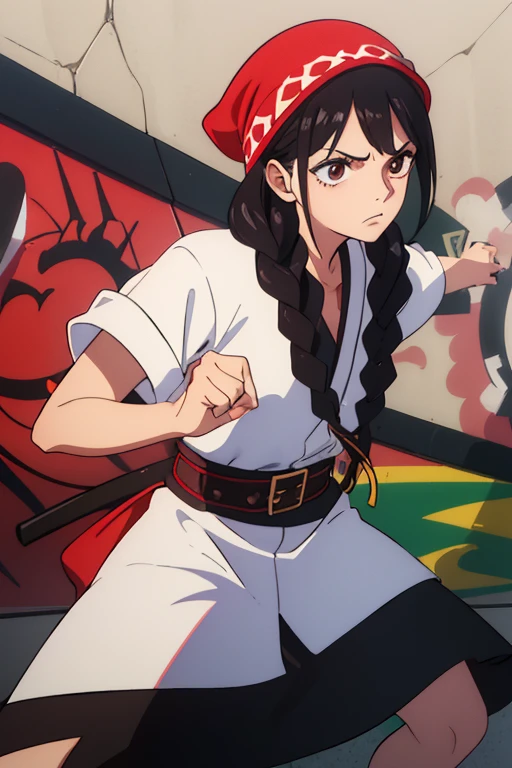 (best quality,4k,8k,highres,masterpiece:1.2),ultra-detailed,animated,girl,mature face,long black hair,brown eyes,hair in plaits,graffiti,girl,durag,cool girl,flat, fighting, angry, destroy, vivid color, smash and punch enemy, two swords