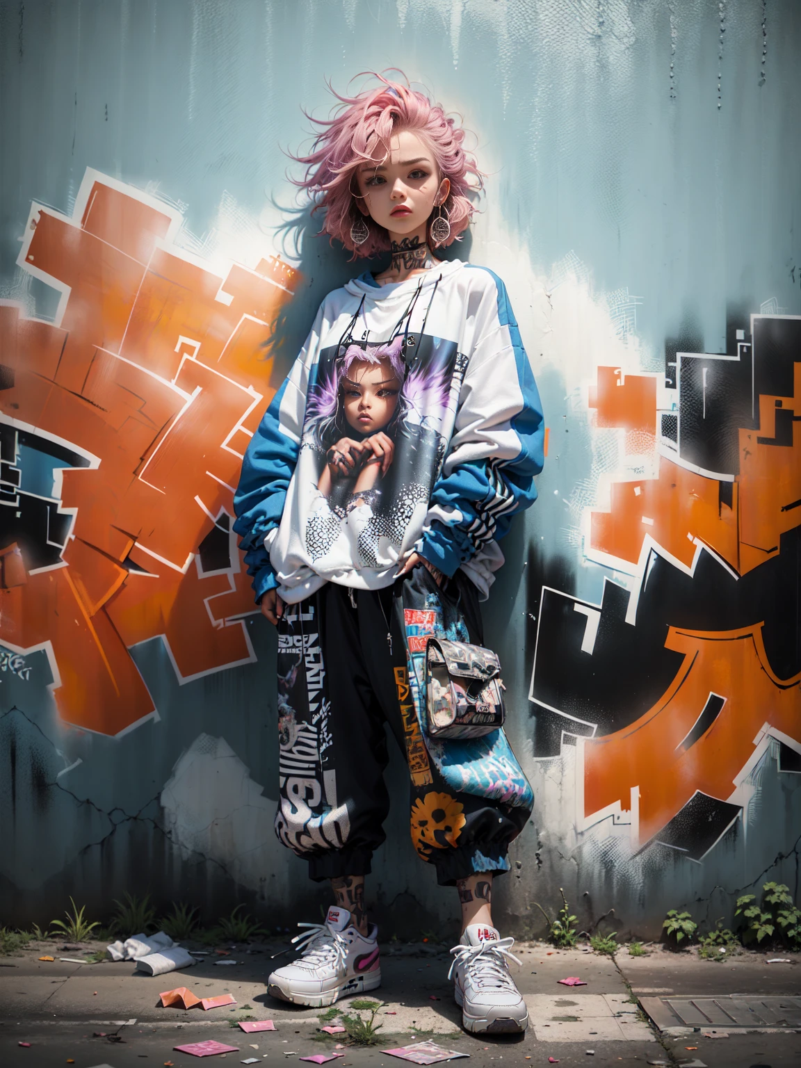 ((long shot, full body: 1.6)), purple: 1.5, orange: 1.1, green: 1.3, White: 1.3, yellow: 1.3, (rapper girl with scary hair, highly detailed eyes and body and beautiful baggy and baggy clothes :1.6), tattoos, (walls with Graffiti: 1.2), flower, Leaves, born in the mist, lines, leaning on the wall with a spray paint in her hand, action pose, 32K.