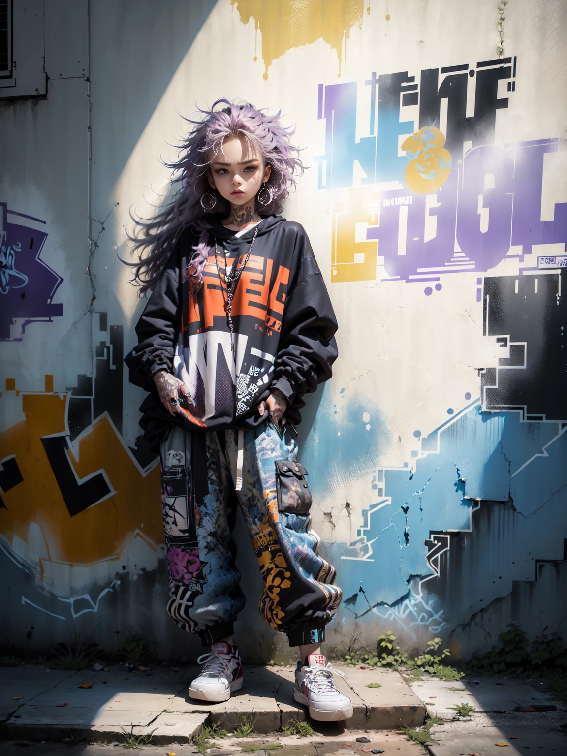 ((long shot, full body: 1.6)), purple: 1.5, orange: 1.1, green: 1.3, White: 1.3, yellow: 1.3, (rapper girl with scary hair, highly detailed eyes and body and beautiful baggy and baggy clothes :1.6), tattoos, (walls with Graffiti: 1.2), flower, Leaves, born in the mist, lines, leaning on the wall with a spray paint in her hand, action pose, 32K.