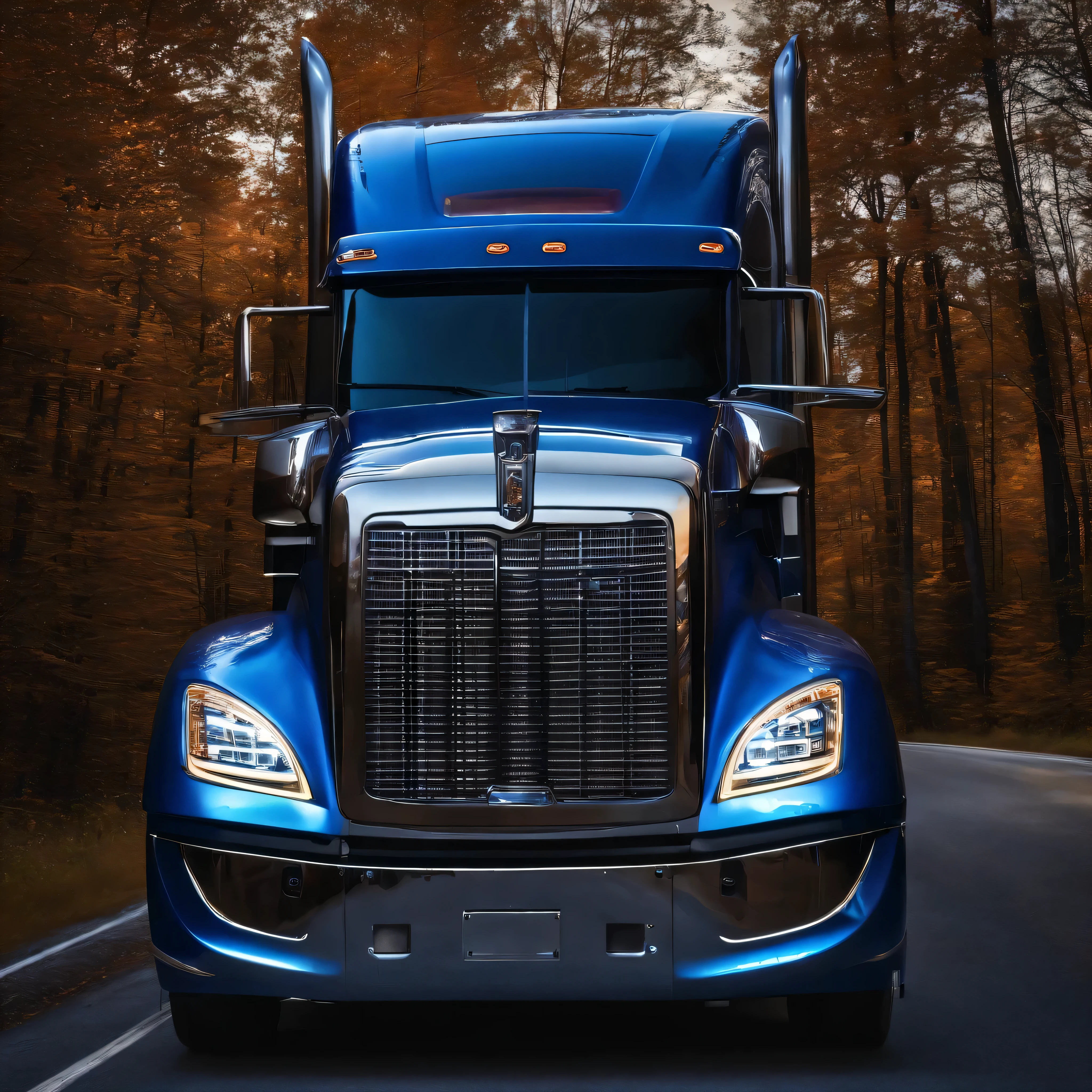 18 wheeler semi truck with a matching trailer deep blue metalflake colors with white accents, highly polished chrome everywhere,neon lighting underneath it, driving down a back country where it encountered a covered bridge