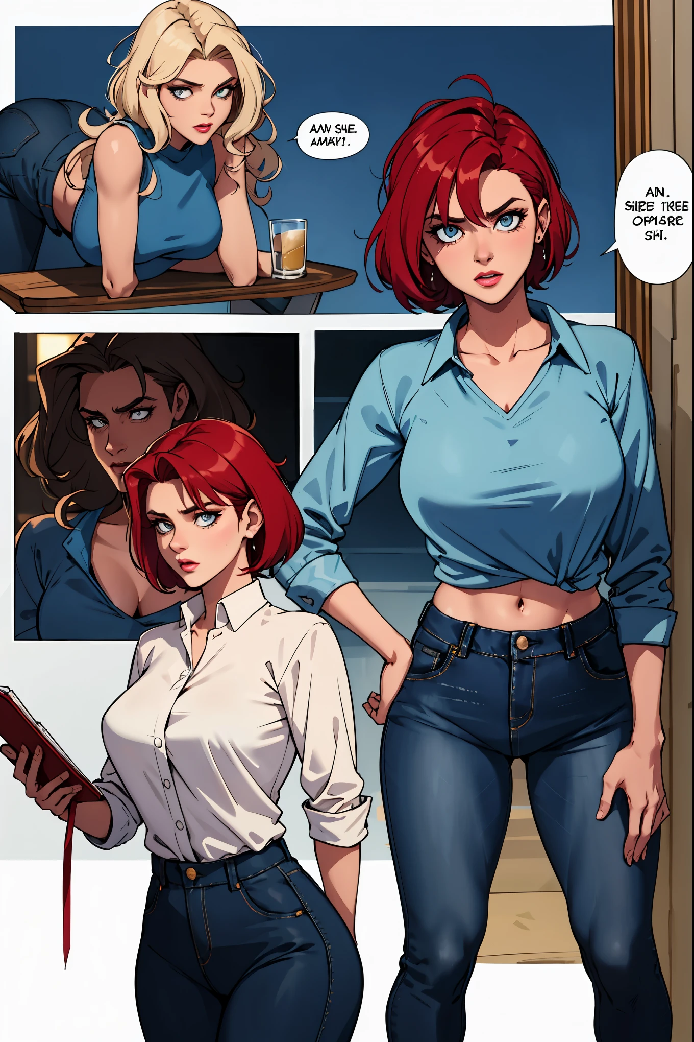 Mulher ruiva com seios grandes, rabo de cavalo, camisa vermelha, denim trousers, casual scenario she is leaning on something, a speech balloon, perfect eyes, perfect hands