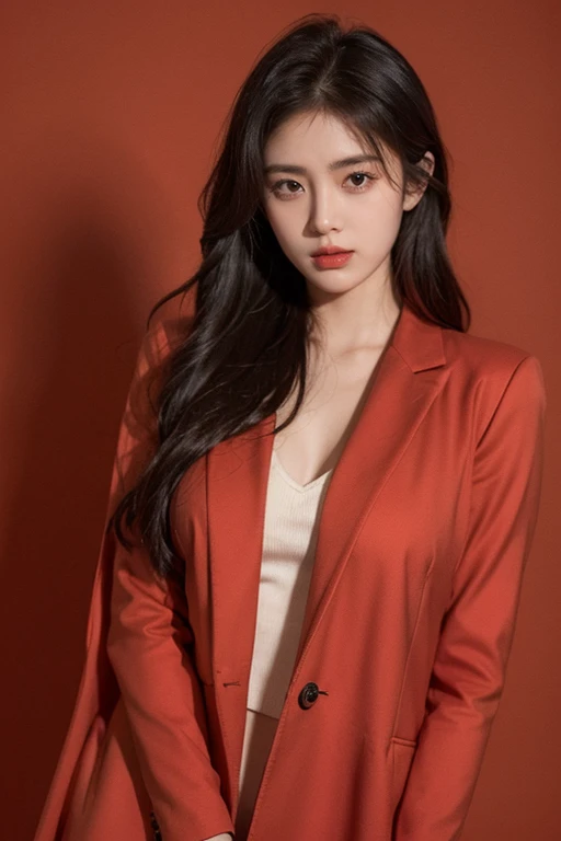 21-year-old girl, black flowing hair, standing confidently in front of a vibrant red background. She is wearing a stylish coat that accentuates her youthful charm. Her beautiful detailed eyes playfully tease, capturing a sense of mischief and allure. The image is of the best quality, with ultra-detailed features that bring out the realistic and photorealistic aspects of the artwork. The lighting is carefully crafted, highlighting her delicate features and casting soft shadows. The overall color palette is vivid and striking, enhancing the visual impact of the scene.