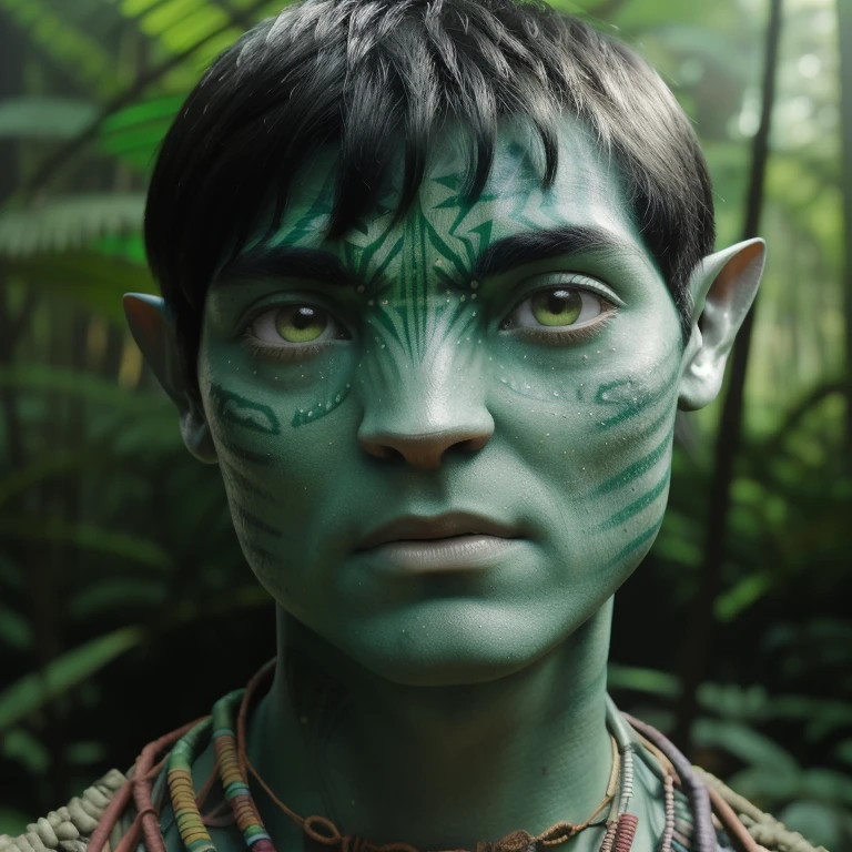 avatar style, (face portrait:1.6), naavi, 1boy, (male), (silver eyes), (big eyes), ((eyebrowless)), pointy ears, (forest green skin tone:1.0), (straight hair:1.0), black hair color, ((short bowlcut hair)), (young adult), 18 years old, face wrinkles, wearing colorful tribal clothing, (wearing tribal acessories), detailed eyes, toned body, muscled body, vibrant colors, glowing, ethereal atmosphere, surrealistic dreamy lighting, textured skin, otherworldly beauty, mesmerizing photography, (best quality, highres), vivid colors, ultrarealistic, skin details, striped skin, sfw, face close-up:0.5, ultradetailed body, ((green skin)), MDLuffy