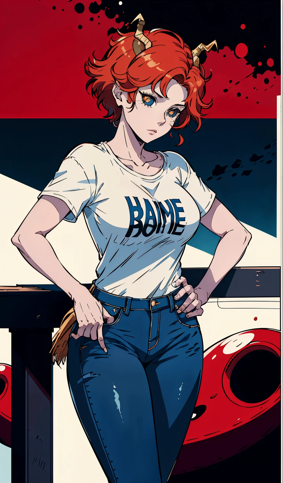 Mulher ruiva com seios grandes, rabo de cavalo, camisa vermelha, denim trousers, casual scenario she is leaning on something, a speech balloon, perfect eyes, perfect hands