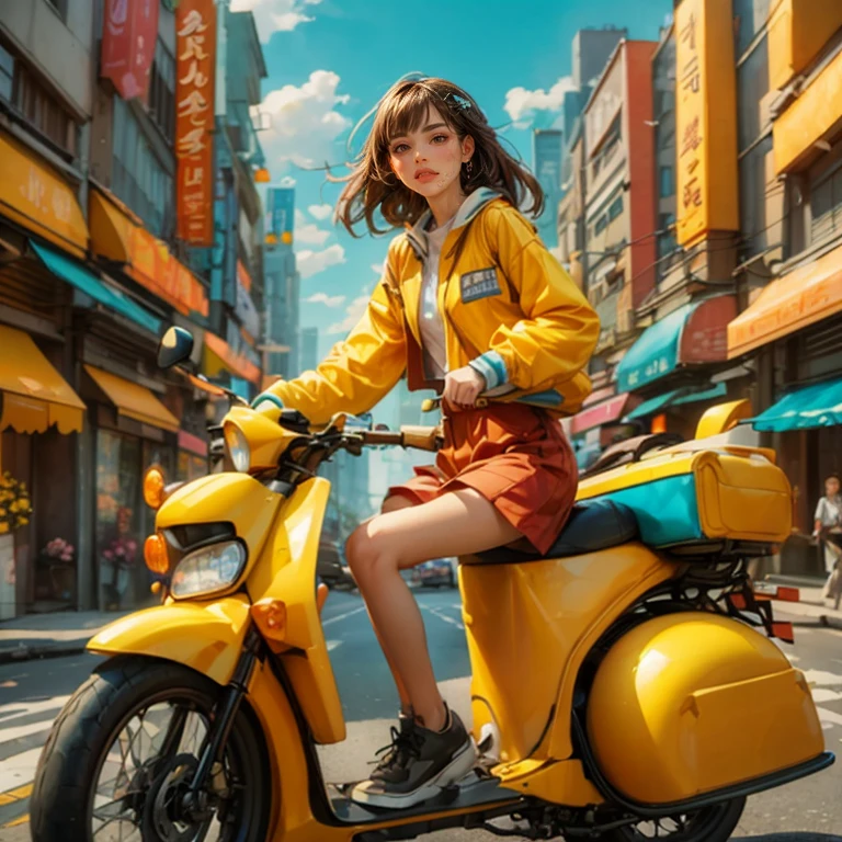 (panoramic:1.5), A realistic, photographic-style illustration in a flat, 2D format, showing a cheerful delivery girl riding a yellow motorcycle. She is depicted as a cute, optimistic girl with a happy smile, enduring the hard work of daily deliveries without complaint. Dressed in standard work attire, she navigates through the bustling city streets. This girl embodies wisdom, beauty, and diligence, presenting a sweet and admirable character. The image captures her in an ultra-wide-angle, panoramic view of the city, emphasizing a realistic, (Flowers Watercolor:1.5), (Ultra high saturation, bright and vivid colors: 1.5), (nsfw), (Facing the viewer: 1.5), (Anatomically correct,Accurate and perfect Korean female facial features:1.5)