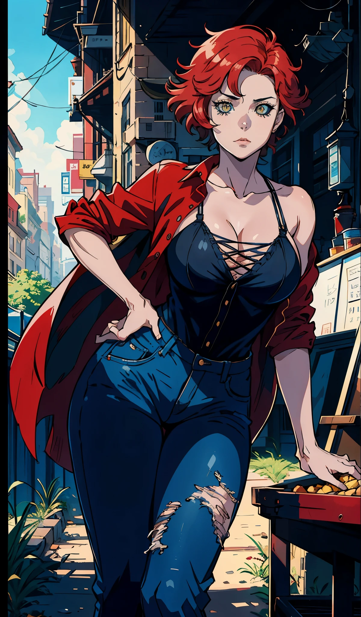 Mulher ruiva com grandes, rabo de cavalo, camisa vermelha, denim trousers, casual scenario she is leaning on something, a speech balloon, perfect eyes, perfect hands