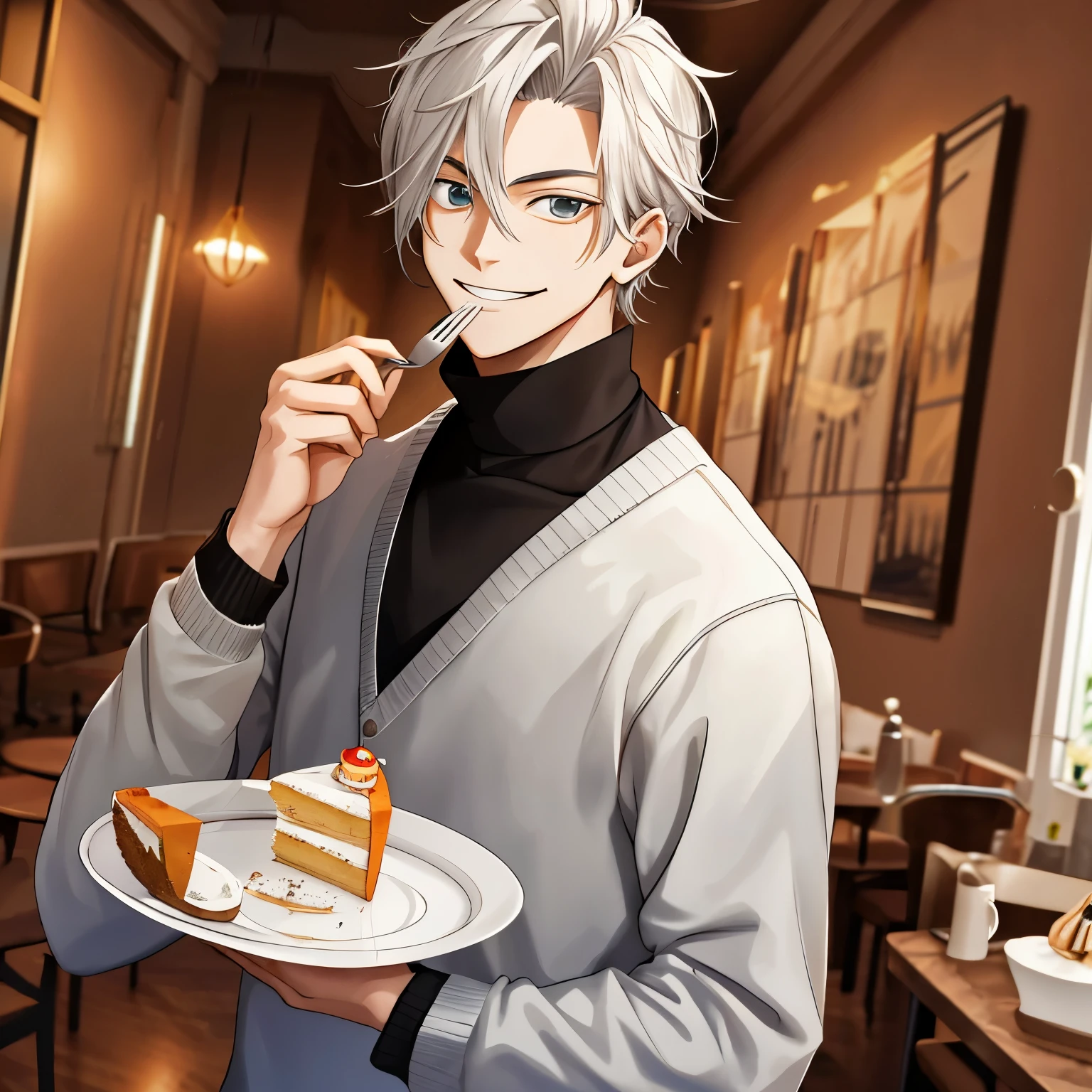 A boy smiling while holding a plate with a piece of cake and a fork, um jovem com cabelo cor clara, estilo anime, roupas casuais, slender constitution, homem jovem, cotton sweater, jovem magro, homem humilde, gosta de bolo, holding a plate with piece of cake, segurando um garfo SEGURANDO UM GARFO NA MAO, holding a fork in his right hand, garfo de metal