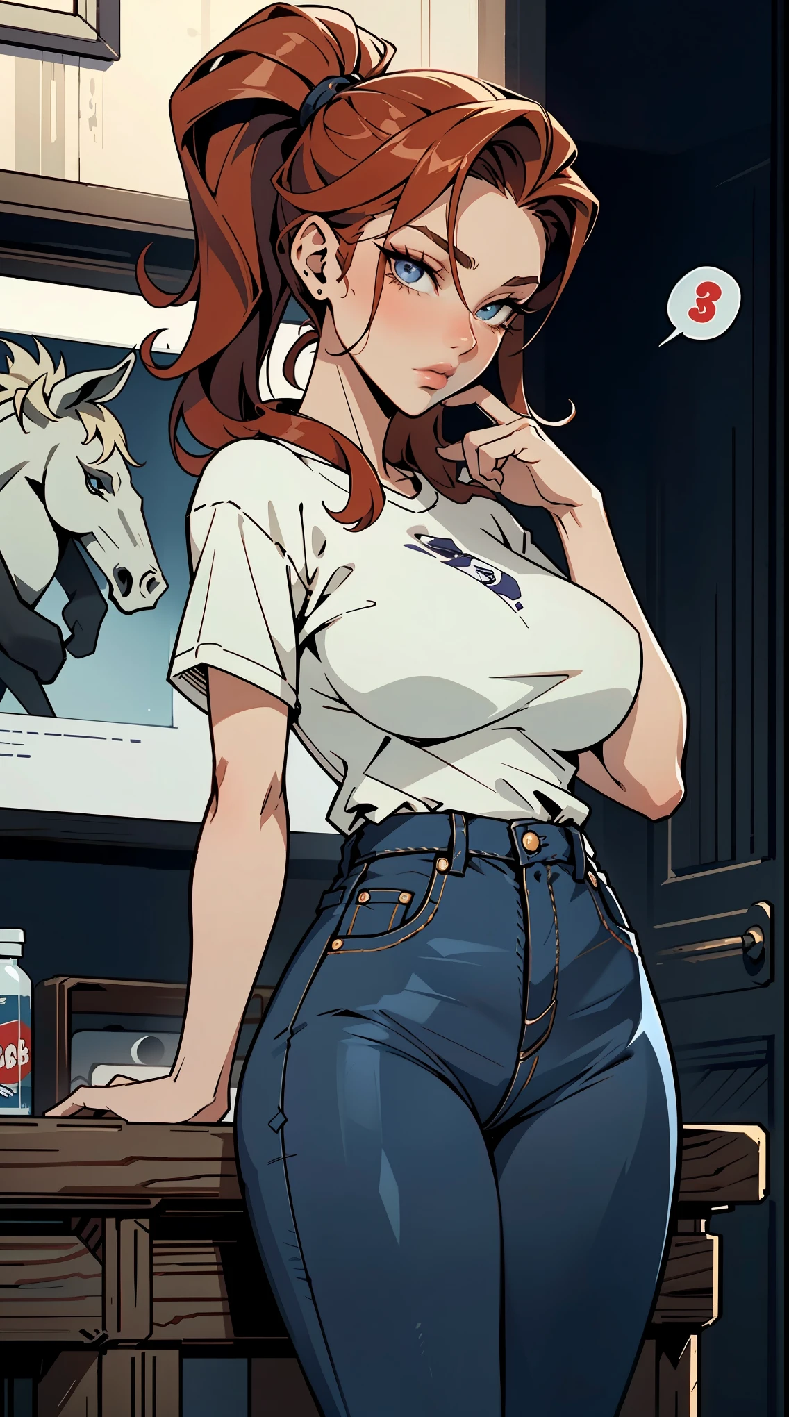 Mulher ruiva com seios grandes, rabo de cavalo, camisa vermelha, denim trousers, casual scenario she is leaning on something, a speech balloon, perfect eyes, perfect hands