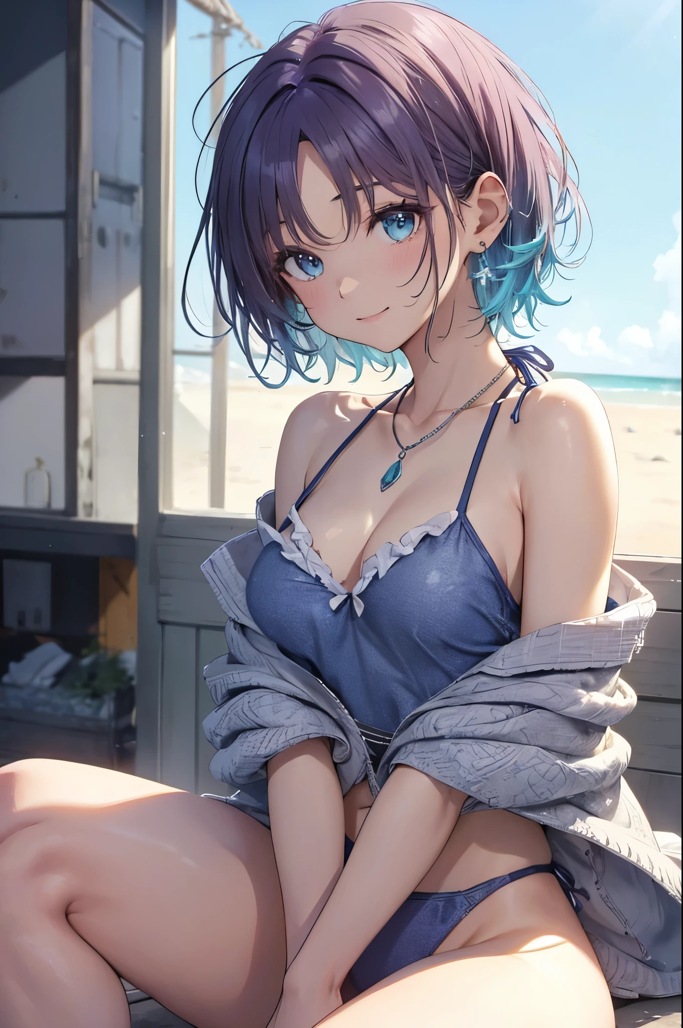⓪Action:(female masturbation,: 1.1), lie down, m legs, ①Quality:(best quality:1.3), (masterpiece:1.3), (ultra detailed:0.8), (illustration), beautiful girl, cute, charming, 8k, extremely detailed CG, (1 girl), Perfect hands:1.2), (Perfect Anatomy:1.2), (beautiful face: 1.1), Intricate Iris Details, Captivating Eye Reflections, Sparkling Highlights in the Eyes, Depth and Dimension in the Pupils, Subtle Color Variations in the Iris, Meticulous Eyelash Details, Depth and Dimension in the Pupils, ②Lighting:Part ③: (medium breasts: 1.3), shiny hair, floating hair, sparkling pupils, happy, detailed face, detailed eyes, detailed skin, ④Style: NSFW, sexy body, animation, illustration, (blush:1.0), (wet:1.2), ⑤Subject:(Toru Asakura: 1.3), (short hair: 1.3), (Parted Bangs: 1.4), (blue hairs、gradation hair、multi color hair、Parted bangs、Purple hair), ⑥Environment: ⑦Construction:, (Upper body:1.4), (from below,:1.4), from side, (extreme close-up view: 1.3), Looking at Viewer, very wide shot, dutch angle ⑧costume : front view:1.4), lying on side, {asakura_tooru_theidolmstershinycolors:1.15}、short hair、bangulti-colored hair、Blue Hair、Gradient Hair、jewelry、Earrings、Blue Eyes、smile、Ahoge、bangs分け、青null、Bottle、clavicle、Day、Nail polish、necklace、Outdoor、null、Water bottle、Bare shoulders、Holding、Bottle保持、Swimwear、bikini、bracelet、chest、Beach、白bikini、chestの谷間、cloud、hair ornaments、ocean、Short Ponytail、sunshine、Barrette、Medium breast、プリントbikini、Upper Body、x_hair ornaments、 Miwaki. beauty legs. Bewitching. ⑨Other:(Waiting for a kiss、Tight waist、Slender body、Small Head、seven-headed body、Beautiful feet、Beautiful legs, 16age sexypose, Bewitching, Face to feel, Love A large amount of milk, Beautiful abs