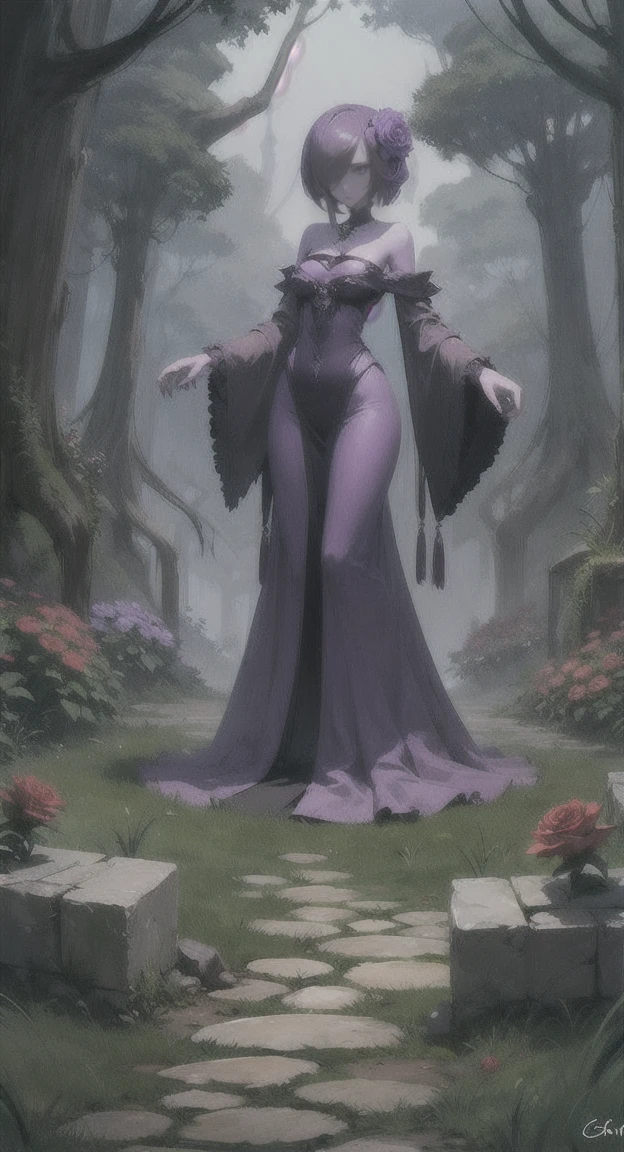 Overgrown hell life, ancient one, abandoned garden, mutated, purple rose creature, female spirit, purple skin, Gardevoir,