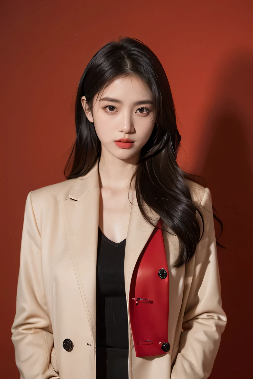 21-year-old girl, black flowing hair, standing confidently in front of a vibrant red background. She is wearing a stylish coat that accentuates her youthful charm. Her beautiful detailed eyes playfully tease, capturing a sense of mischief and allure. The image is of the best quality, with ultra-detailed features that bring out the realistic and photorealistic aspects of the artwork. The lighting is carefully crafted, highlighting her delicate features and casting soft shadows. The overall color palette is vivid and striking, enhancing the visual impact of the scene.