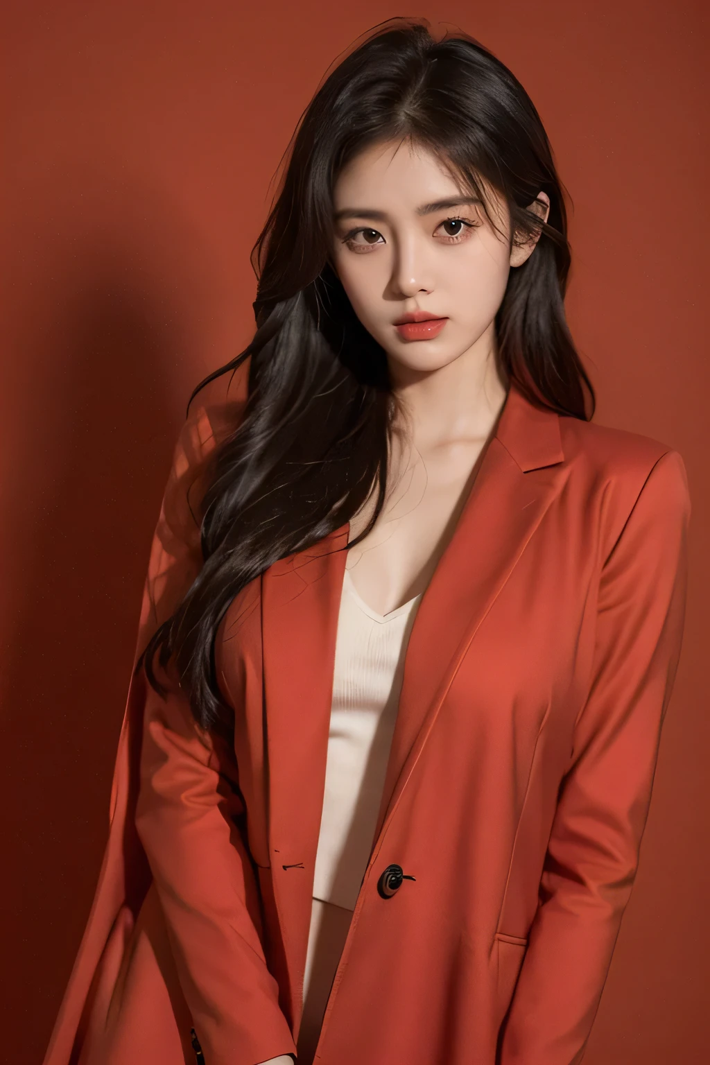21-year-old girl, black flowing hair, standing confidently in front of a vibrant red background. She is wearing a stylish coat that accentuates her youthful charm. Her beautiful detailed eyes playfully tease, capturing a sense of mischief and allure. The image is of the best quality, with ultra-detailed features that bring out the realistic and photorealistic aspects of the artwork. The lighting is carefully crafted, highlighting her delicate features and casting soft shadows. The overall color palette is vivid and striking, enhancing the visual impact of the scene.