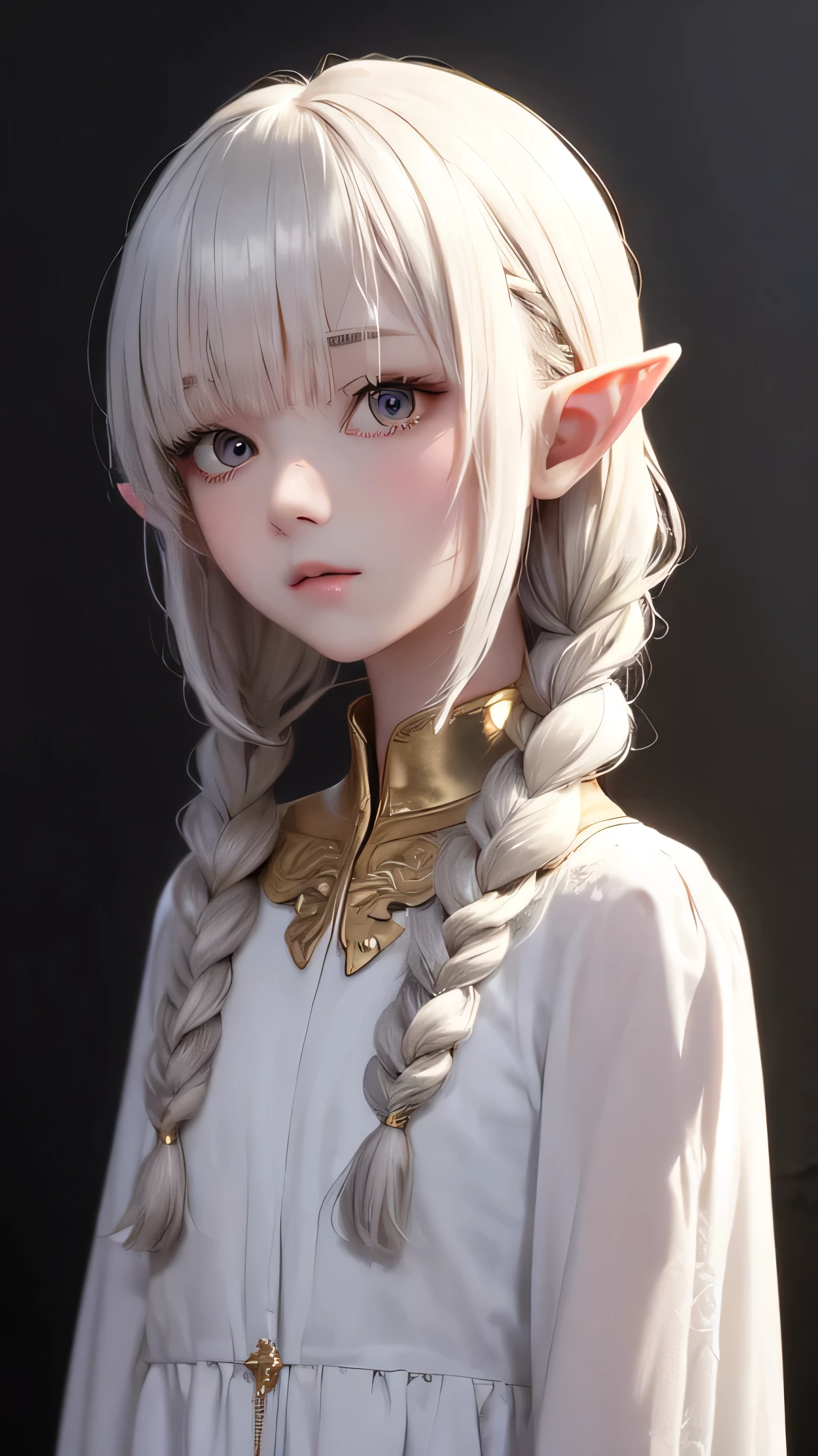 best quality, masterpiece,white hair, Elf, gold eyes,white clothes, looking up, upper body,hair strand,Fair skin,side braids