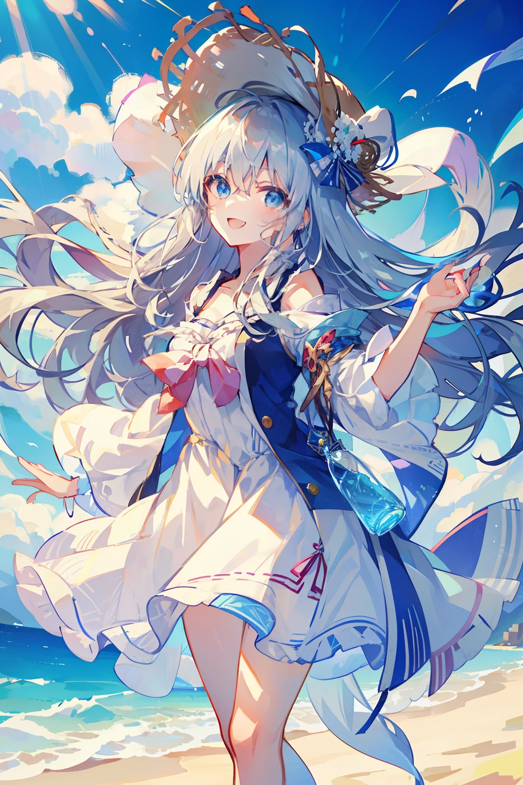 Become a woman。big Smile。Silver-haired long-haired woman。Woman with light blue eyes。Woman in straw hat、I'm on the beach。I am holding a hat in my right hand.。The left hand holds a plastic bottle。It is an anime-style illustration。Beautiful with the best image quality。more Smile。