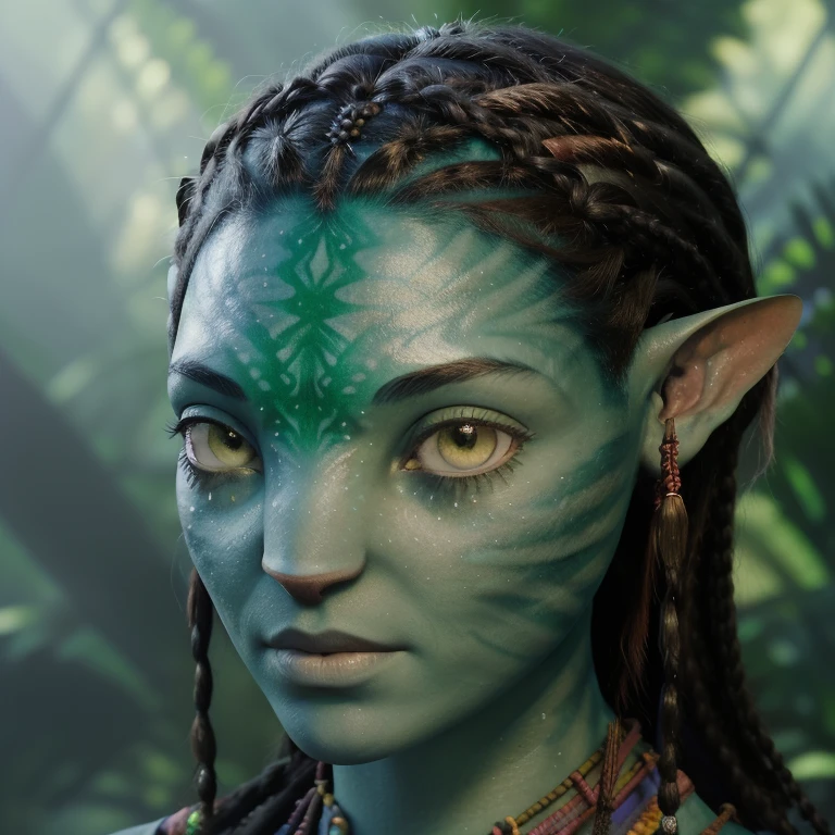 avatar style, (face portrait:1.6), naavi, 1girl, female, (silver eyes), (big eyes), ((eyebrowless)), pointy ears, (forest green skin tone:1.0), (straight hair:1.0), black hair color, ((braids hair with bangs)), (young adult), 18 years old, face wrinkles, wearing colorful tribal clothing, (wearing tribal acessories), detailed eyes, toned body, muscled body, vibrant colors, glowing, ethereal atmosphere, surrealistic dreamy lighting, textured skin, otherworldly beauty, mesmerizing photography, (best quality, highres), vivid colors, ultrarealistic, skin details, striped skin, sfw, face close-up:0.5, ultradetailed body, ((green skin)), photo of iza woman