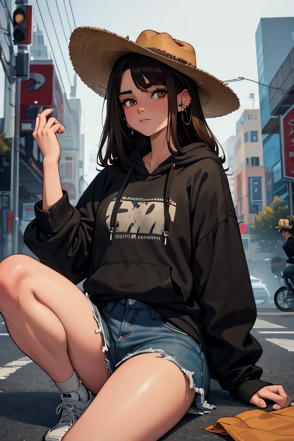 create a blank mock up for a faded black washed hoodie, retro baggy, 90s look, brown hair, with a blank cowboy hat on, beautiful female thin face, piercings on face, loose fit, baggy, pretty eyes, absolutely blank hoodie, night life in background, rain, sitting on ground legs crossed, hoodie jaw string tied in a knot