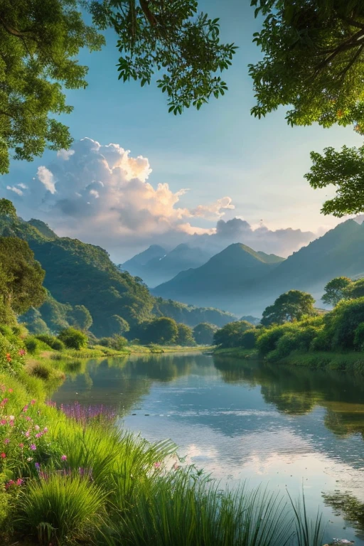 best quality,highres,masterpiece:1.2,ultra-detailed,realistic,landscape,beautiful detailed scenery,elegant and vibrant colors,impressive lighting,dramatic sky,rolling hills,picturesque river,peaceful atmosphere,serene and tranquil nature,breathtaking view,immersive and captivating experience,photorealistic details,harmonious composition,lifelike textures,expertly crafted artwork,detailed foliage,subtle gradient in the sky,crystal-clear water reflection,soft sunlight filtering through the clouds,mesmerizing landscape,meticulous brushwork,harmonious color palette,intense depth of field,ethereal and dream-like quality,creating a sense of wonder and awe,invoking a feeling of serenity and tranquility,vivid wildlife in the distance,secluded and untouched beauty,awe-inspiring foreground,remote and exotic location,majestic mountains rising in the distance,peaceful and idyllic countryside scene,serene river winding through the undulating hills,lush and vibrant vegetation,unspoiled natural beauty,endless expanse of greenery,stunning and picturesque scenery.