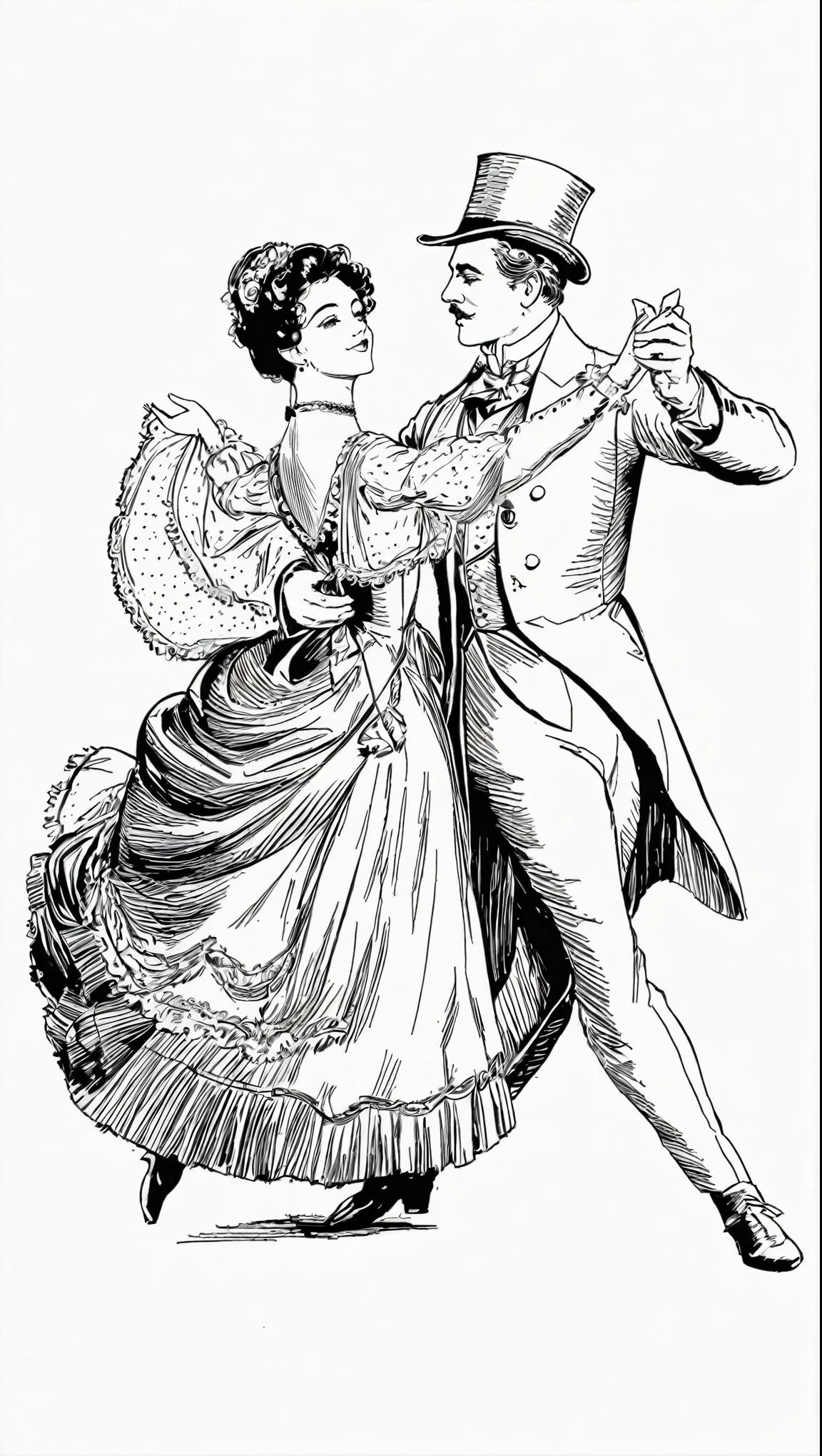 a black and white drawing of a couple dancing a waltz, both wearing victorian clothes, couple dancing, wearing victorian clothes, elegant drawing, inspired by Charles Dana Gibson, with victorian clothing, an elegant couple, by Charles Dana Gibson, victorian clothing, dance scene, dancing with each other, stock art, by Hugh Hughes, goth people dancing, wearing victorian rags