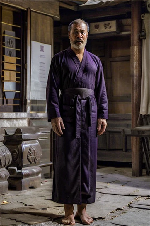 A man, Asian, long grey beard, wearing a purple and black robe, stands in a Chinese-style building