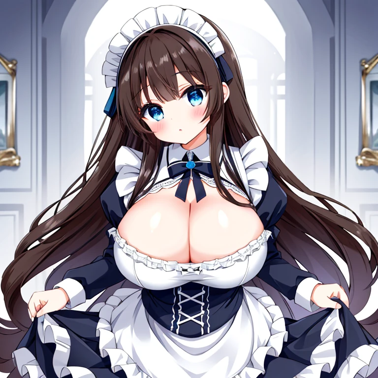 A Beautiful Cute Girl, with (Lush, Long DarkBrown Hair), (Big Beautiful Blue Eyes), (Extremely Large, Incredibly Huge, Absurdly Enormous Breasts), Incredibly Wide Hips, (Huge Thick Thighs), wearing a (Black and White Maid Outfit), Big Cleavage,