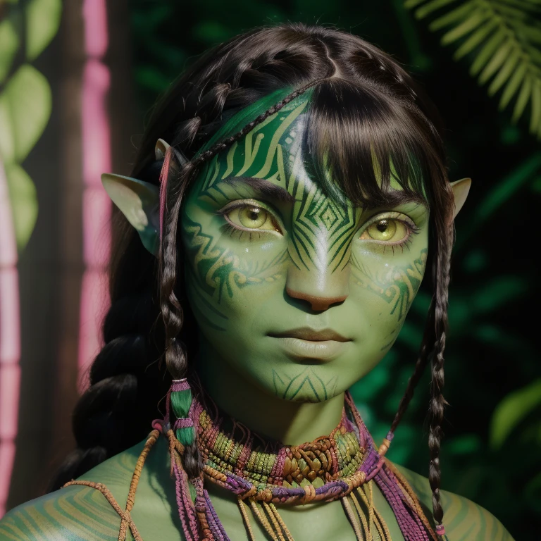 avatar style, (face portrait:1.6), naavi, 1girl, female, (silver eyes), (big eyes), ((eyebrowless)), pointy ears, (forest green skin tone:1.0), (curly hair:1.0), black hair color, ((braid)), ((hair with bangs)), (young adult), 18 years old, face wrinkles, wearing colorful tribal clothing, (wearing tribal acessories), detailed eyes, toned body, muscled body, vibrant colors, glowing, ethereal atmosphere, surrealistic dreamy lighting, textured skin, otherworldly beauty, mesmerizing photography, (best quality, highres), vivid colors, ultrarealistic, skin details, striped skin, sfw, face close-up:0.5, ultradetailed body, ((green skin)), photo of iza woman