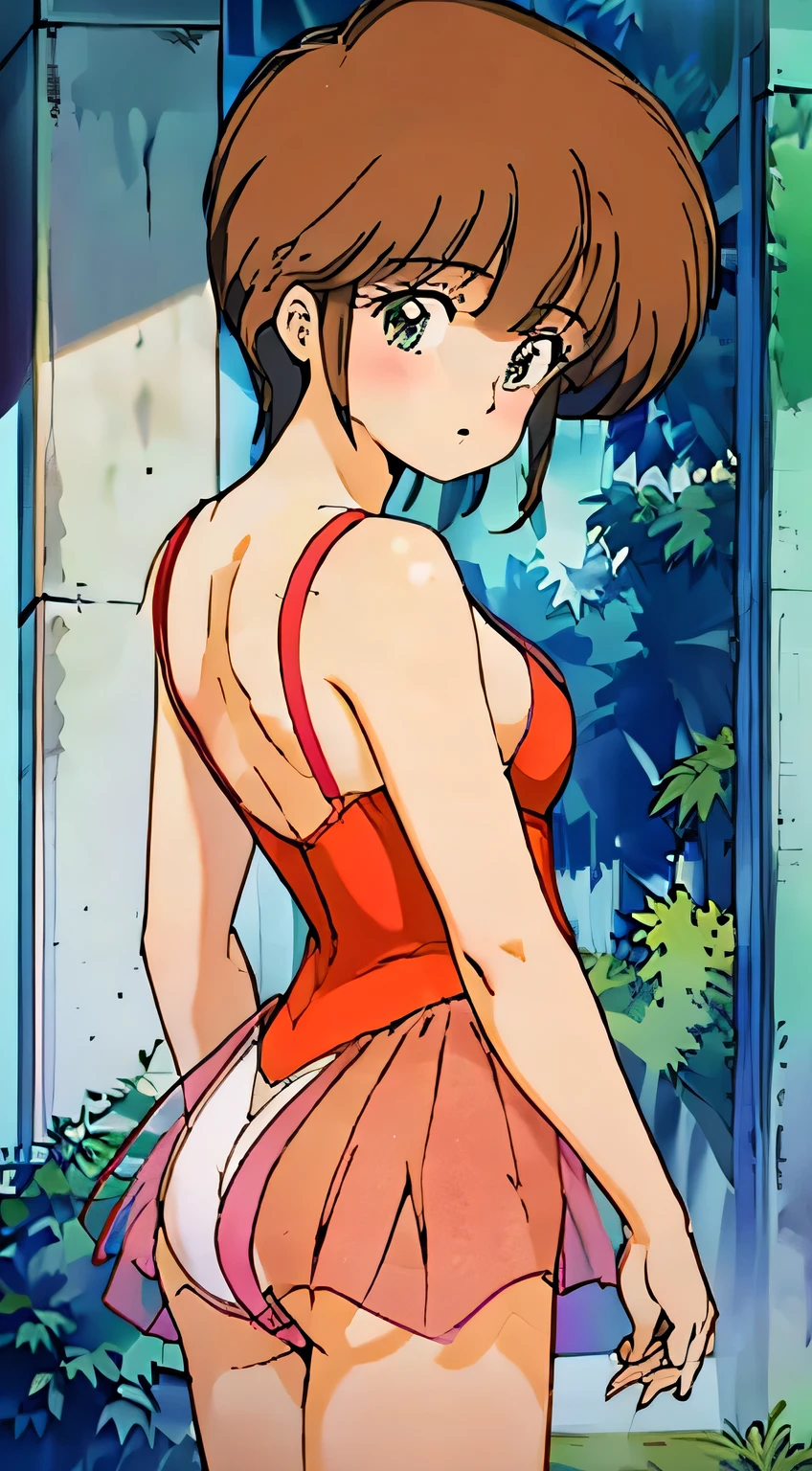 (pixel-perfect, detail-perfect), solo, 1girl, highly detailed, absirdres, masterpiece, illustration, game cg, glossy lips, blush, beautiful detailed eyes, amber eyes, ballerina, sleeveless leotard, cleavage, (tutu), (view from behind)