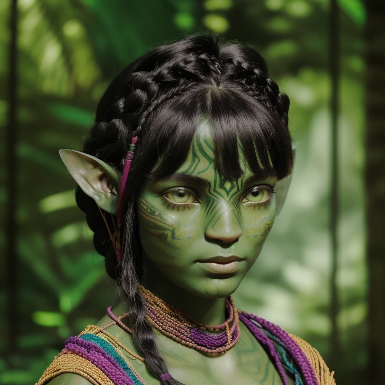 avatar style, (face portrait:1.6), naavi, 1girl, female, (silver eyes), (big eyes), ((eyebrowless)), pointy ears, (forest green skin tone:1.0), (curly hair:1.0), black hair color, ((braid)), ((hair with bangs)), (young adult), 18 years old, face wrinkles, wearing colorful tribal clothing, (wearing tribal acessories), detailed eyes, toned body, muscled body, vibrant colors, glowing, ethereal atmosphere, surrealistic dreamy lighting, textured skin, otherworldly beauty, mesmerizing photography, (best quality, highres), vivid colors, ultrarealistic, skin details, striped skin, sfw, face close-up:0.5, ultradetailed body, ((green skin)), ((photo of iza woman))