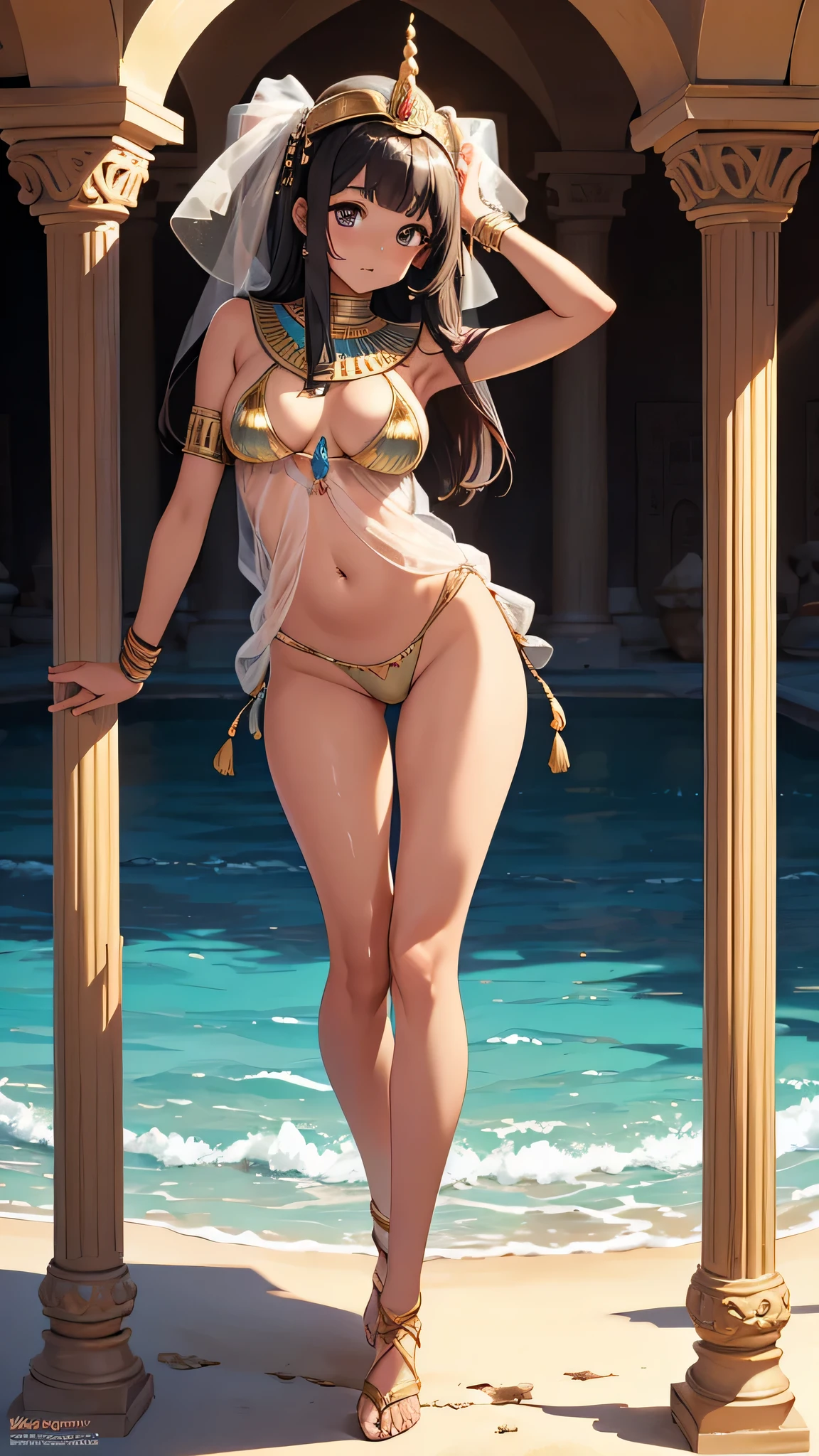 MahabharataPunkAI, see-through, clearswimsuit, nsfw, tan skin, beautiful, Egypt style, egypt girl, cute, 1 girl
